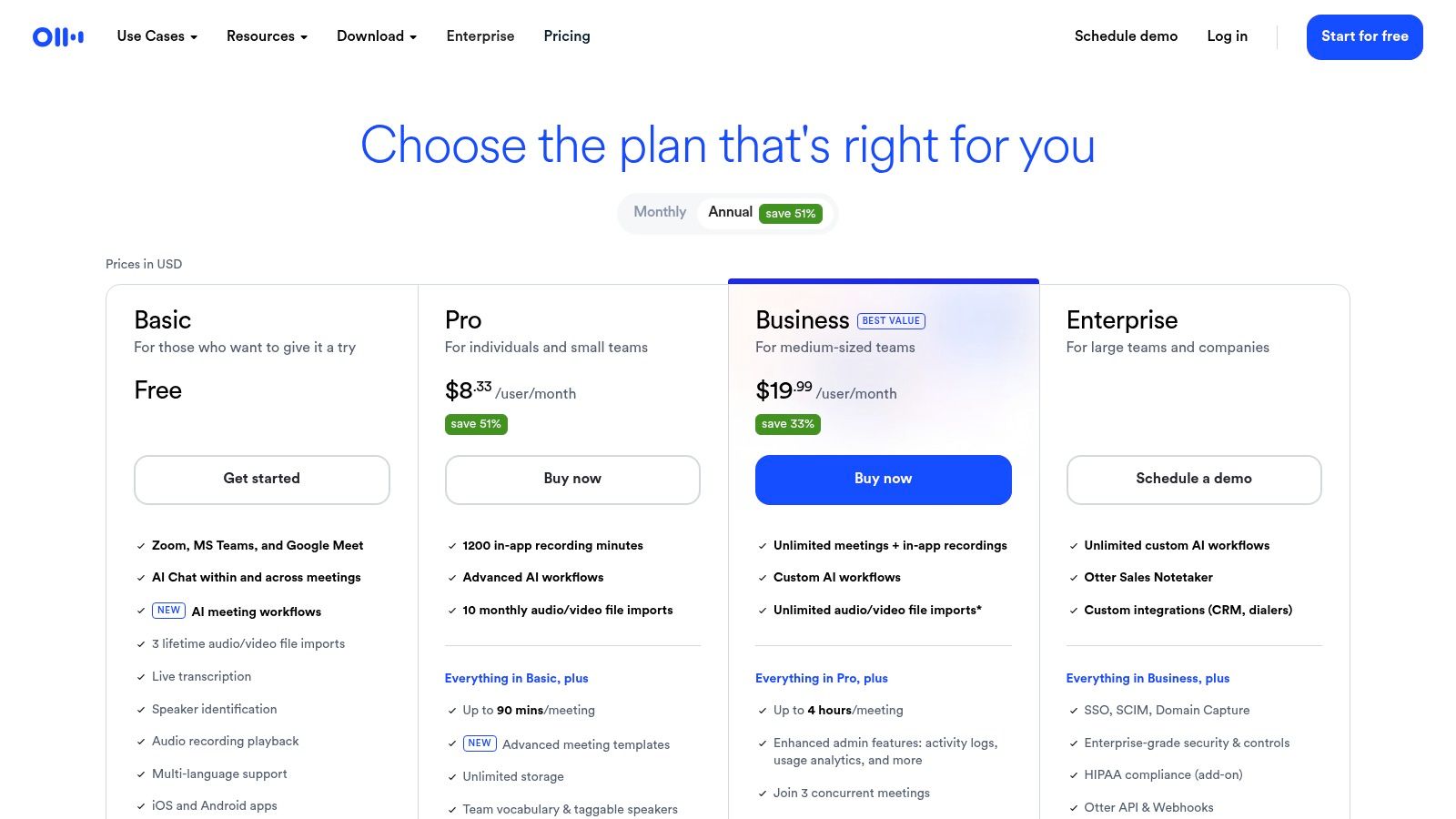 Otter.ai pricing and plans page