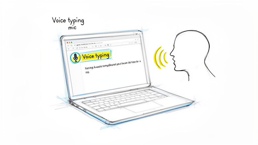 A hand-drawn illustration showing a person's voice typing on a laptop with a microphone icon.