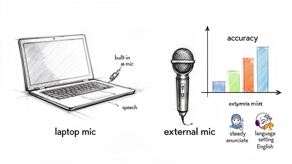 Diagram comparing laptop built-in microphone with an external microphone for speech-to-text accuracy, highlighting enunciation and language settings.