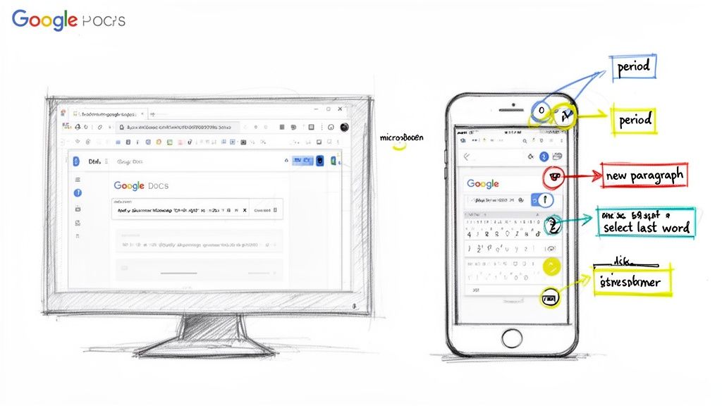 Illustration comparing Google Docs on desktop with speech-to-text commands for editing on a smartphone.