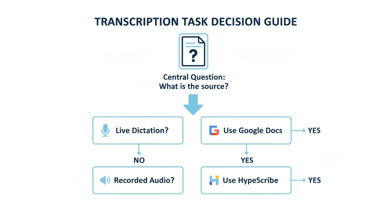 Decision guide flow chart for transcription tasks, detailing steps for live dictation, recorded audio, Google Docs, and HypeScribe.