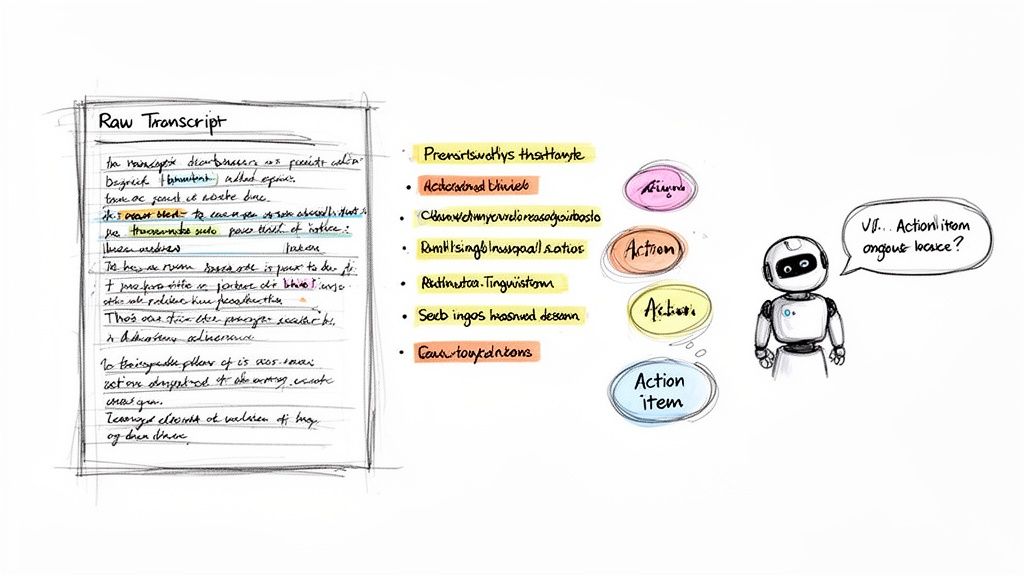 A handwritten raw transcript alongside a list of items and a robot asking about an action item.