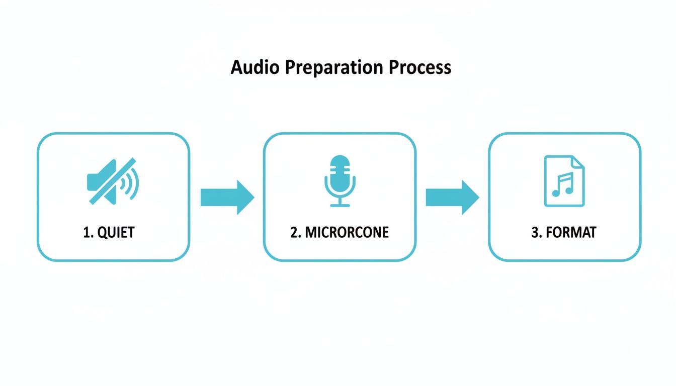 Flowchart showing three steps for audio preparation: ensure quiet, record with microphone, and format the audio file.