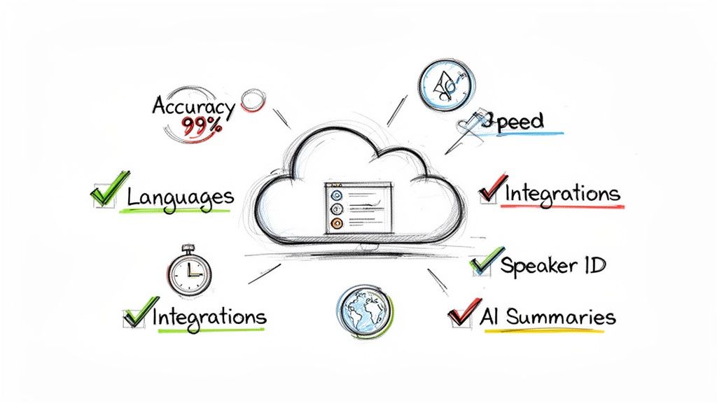 A cloud computing diagram illustrating features like 99% accuracy, languages, speed, integrations, speaker ID, and AI summaries.