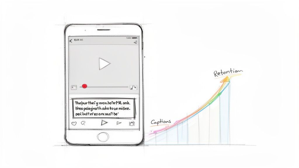 Sketch of smartphone playing video with captions next to a graph showing increased retention.