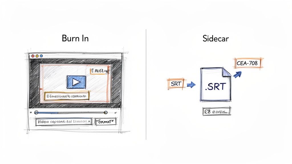 Diagram comparing 'Burn In' captions embedded in a video player against 'Sidecar' captions as separate .SRT files convertible to formats like CEA-708.