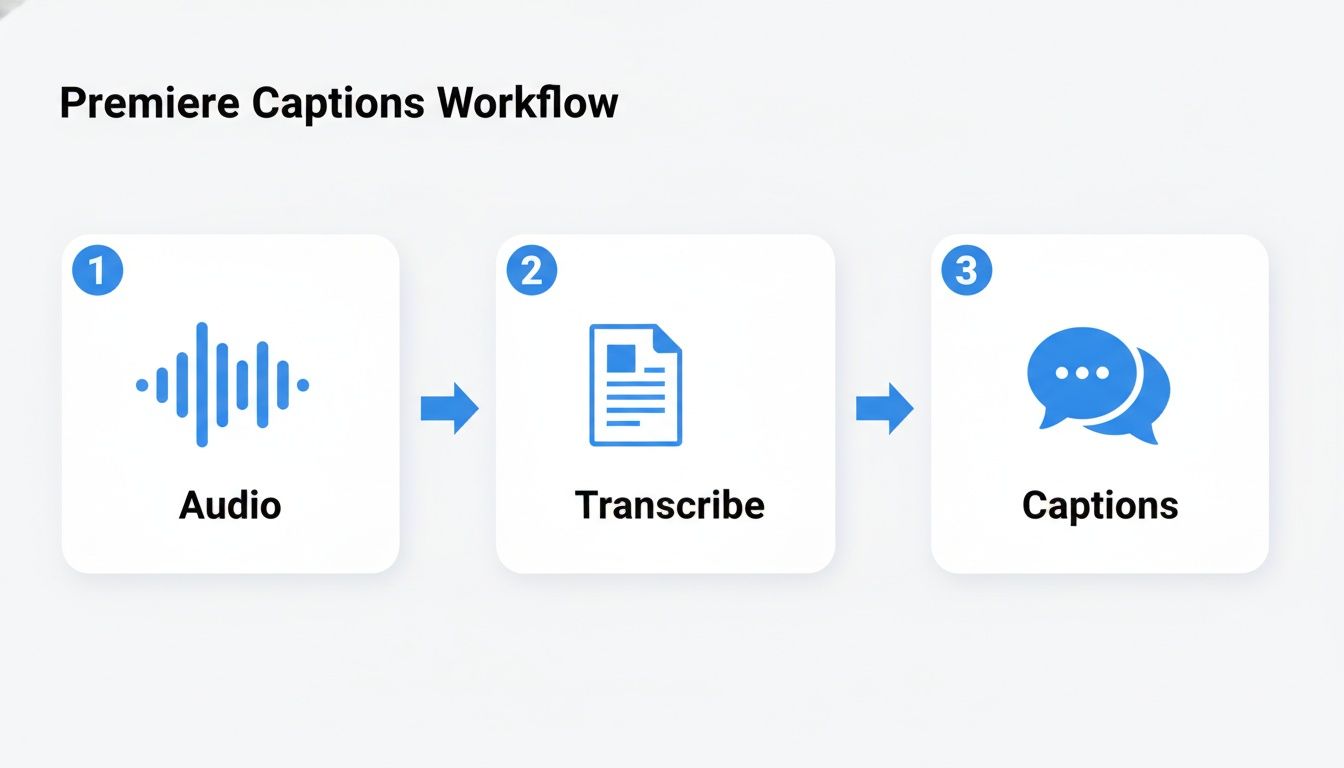 A workflow diagram showing three steps for Premiere captions: Audio, Transcribe, and Captions.