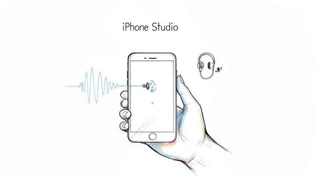 Sketch of a hand holding an iPhone, with sound waves entering and headphones icon.