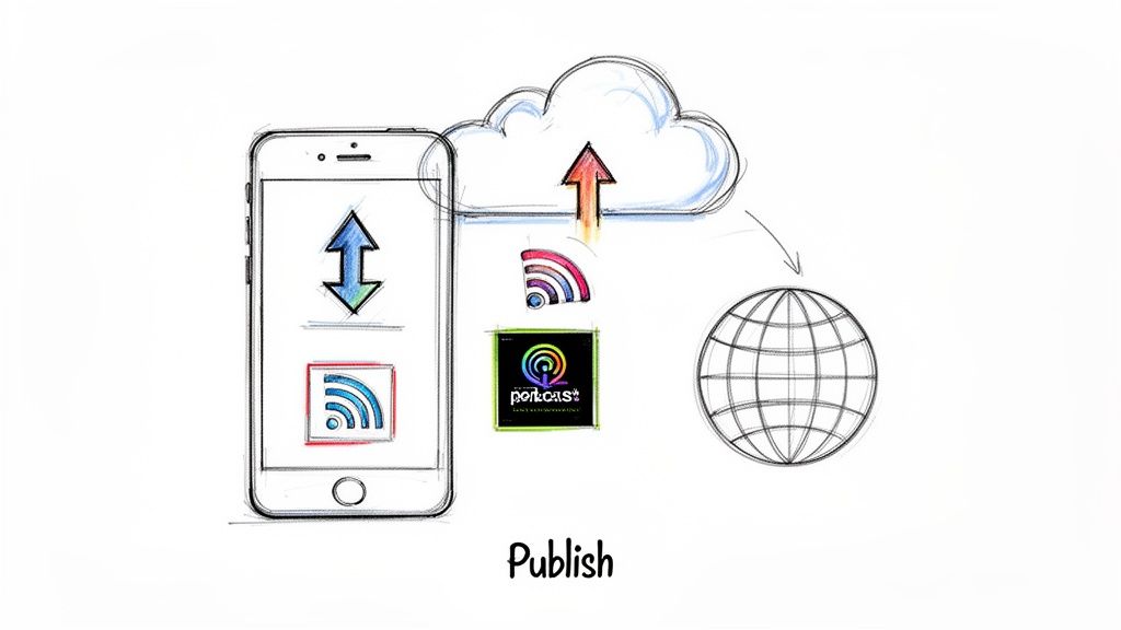 A hand-drawn illustration showing an iPhone uploading a podcast to the cloud, then publishing it to the global internet.
