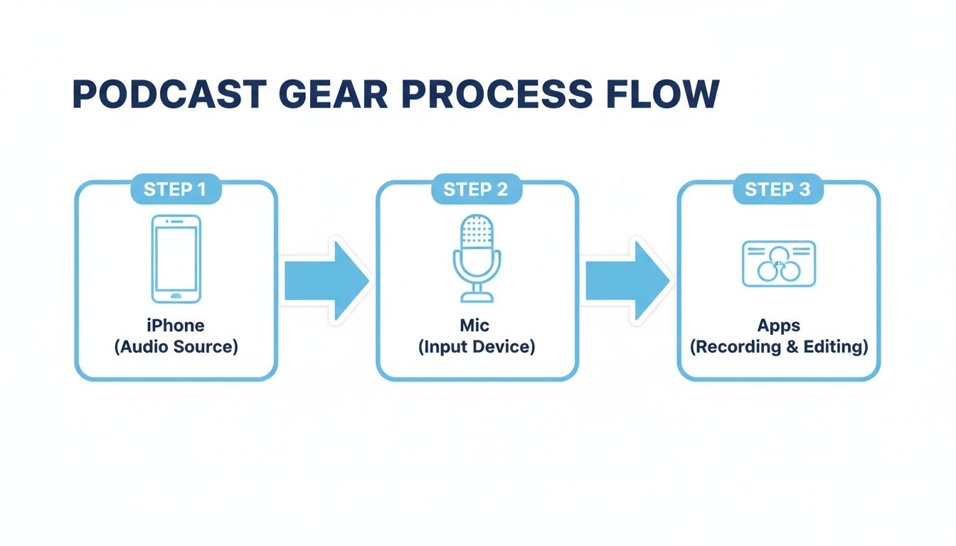 A podcast gear process flow diagram showing iPhone as audio source, mic as input, and apps for recording and editing.