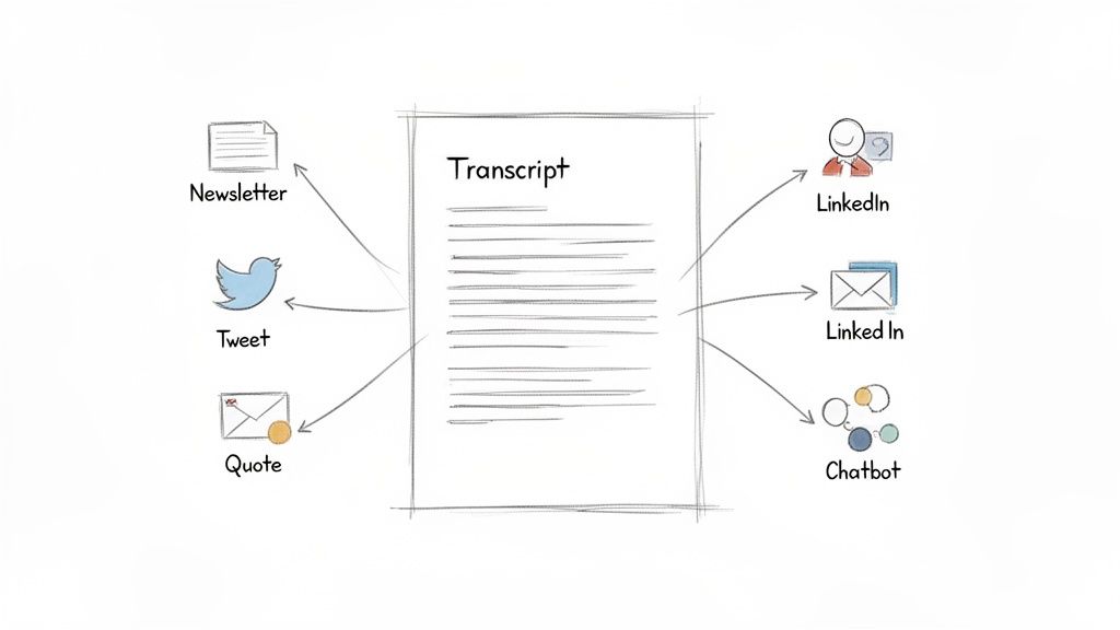 Diagram showing a transcript transformed into newsletters, tweets, quotes, LinkedIn posts, messages, and chatbot content.