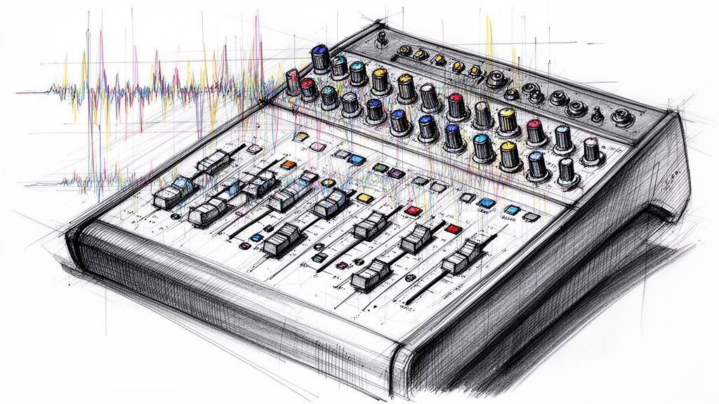 A detailed charcoal sketch of an audio mixing console with vibrant colorful sound wave graphics integrated.
