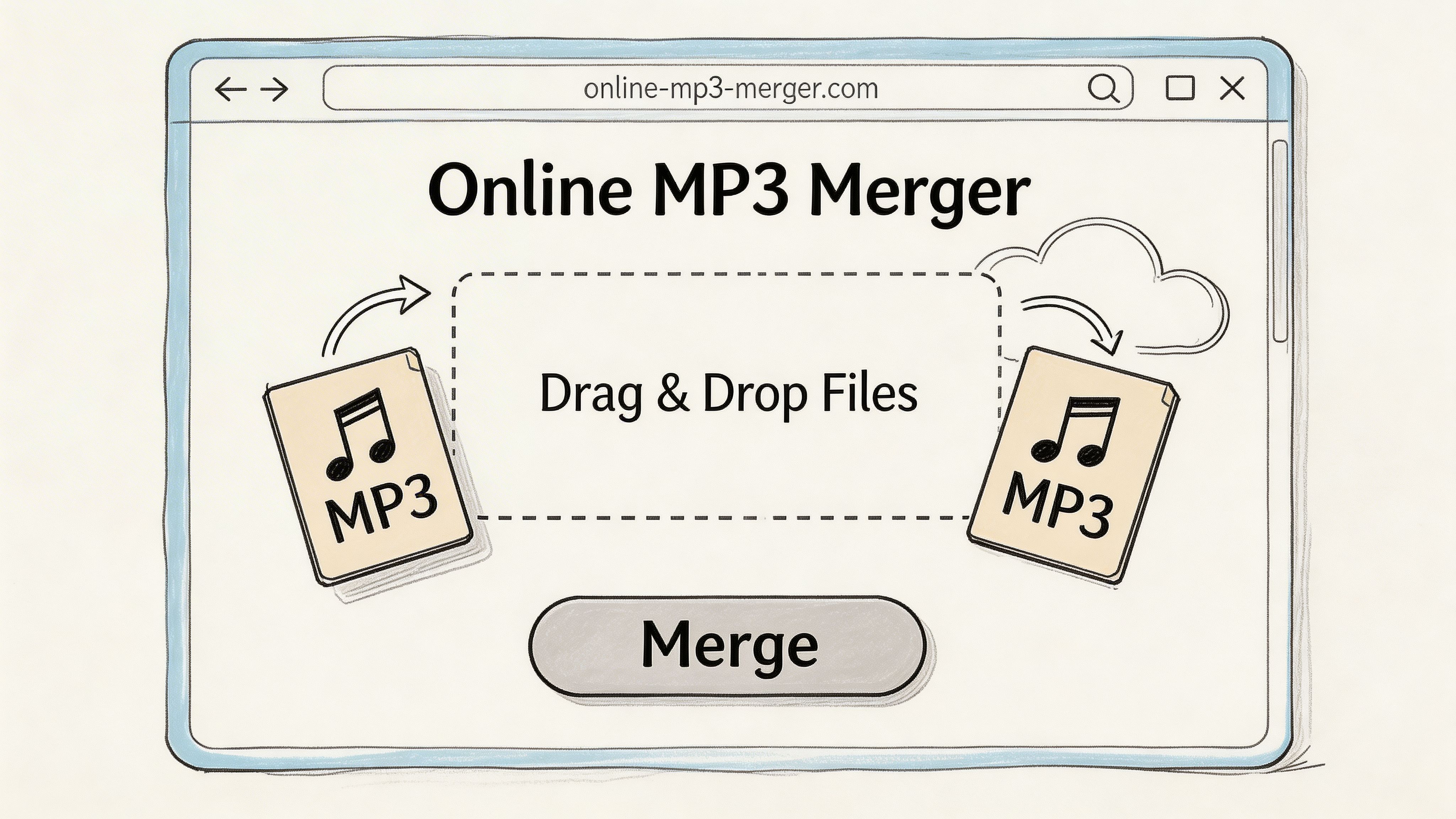 A simple sketch-style illustration of an online MP3 merger website with drag and drop file functionality.