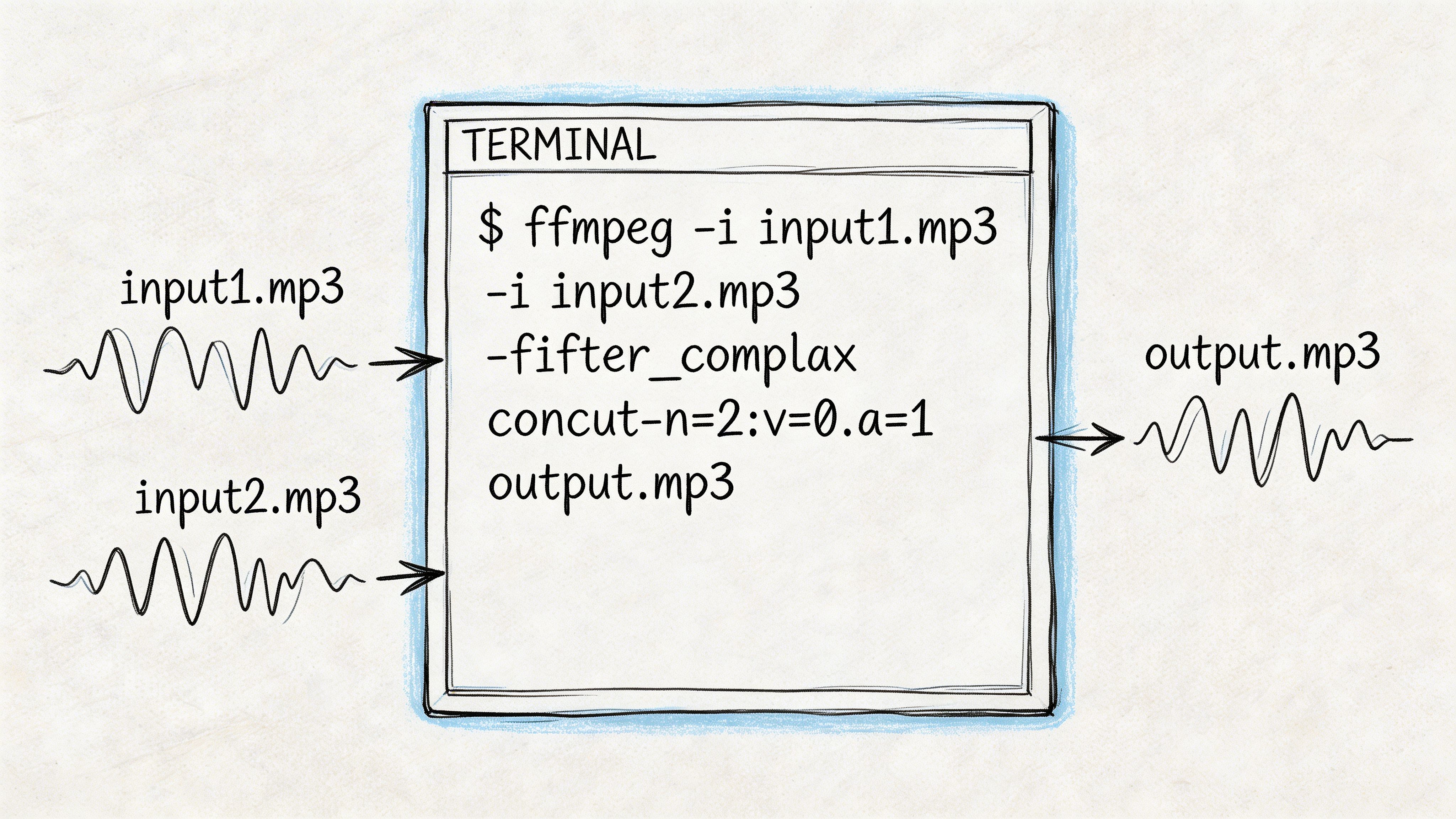 A terminal window showing the ffmpeg command used to merge two separate audio files into one.