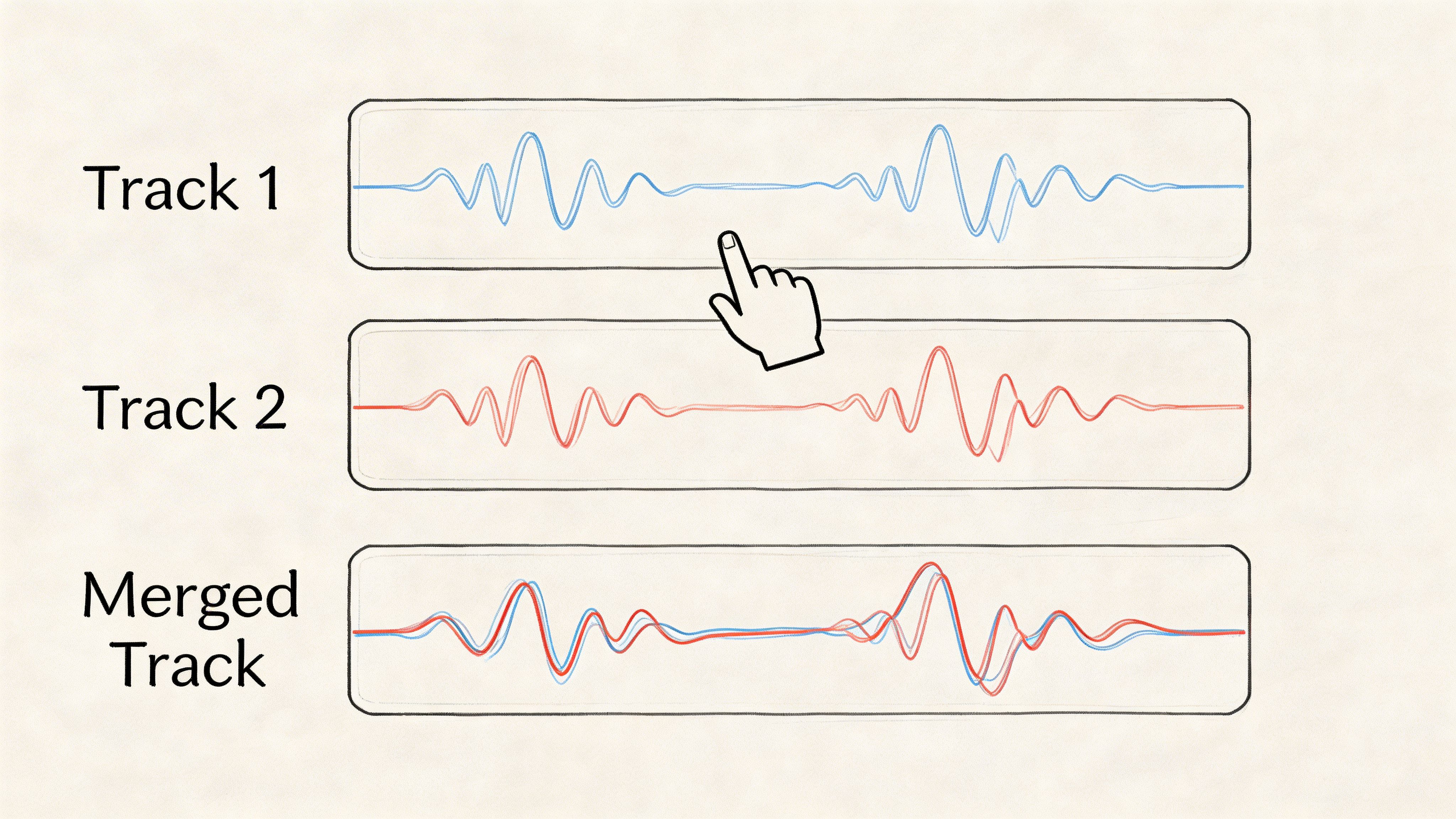 A conceptual diagram showing two separate audio waveforms being combined into a single merged audio track.