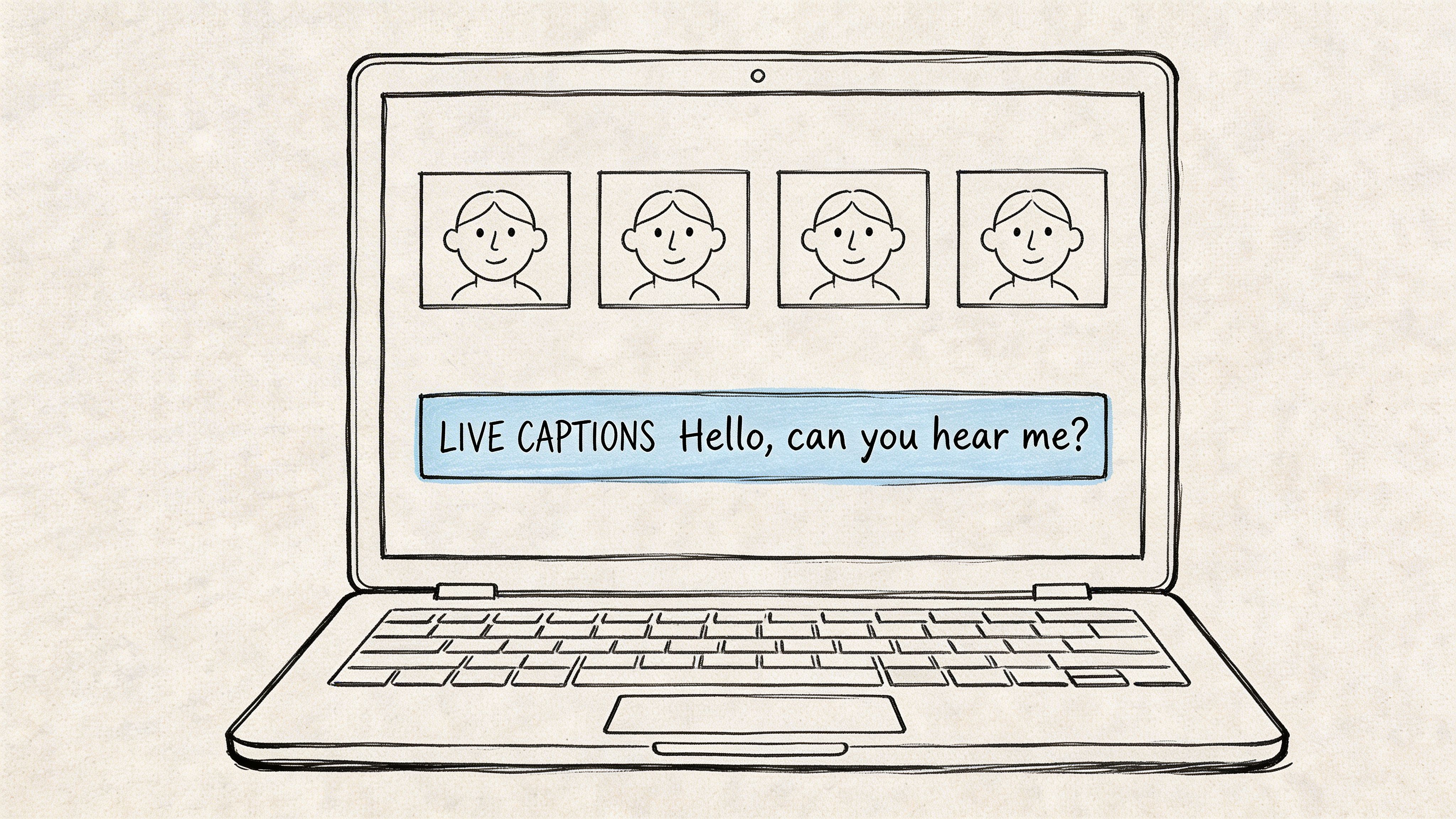 A hand-drawn illustration of a laptop screen displaying four video call participants with live captions below.