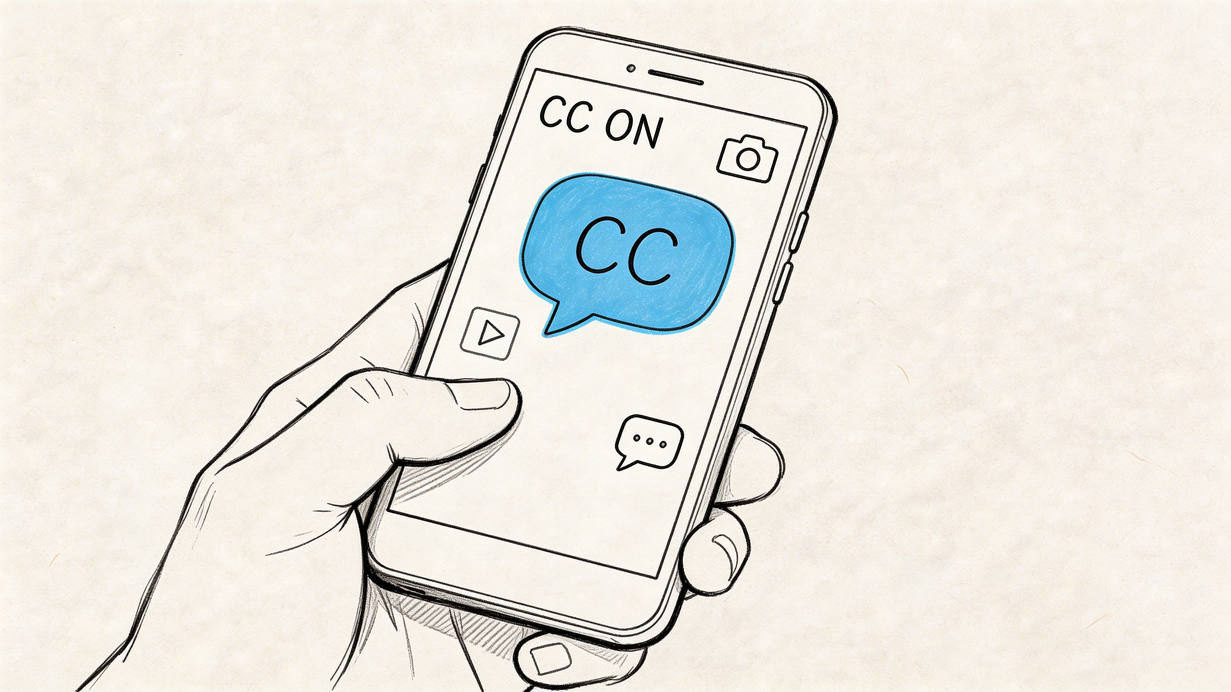 A hand holding a smartphone showing an application interface with a closed captioning toggle enabled.