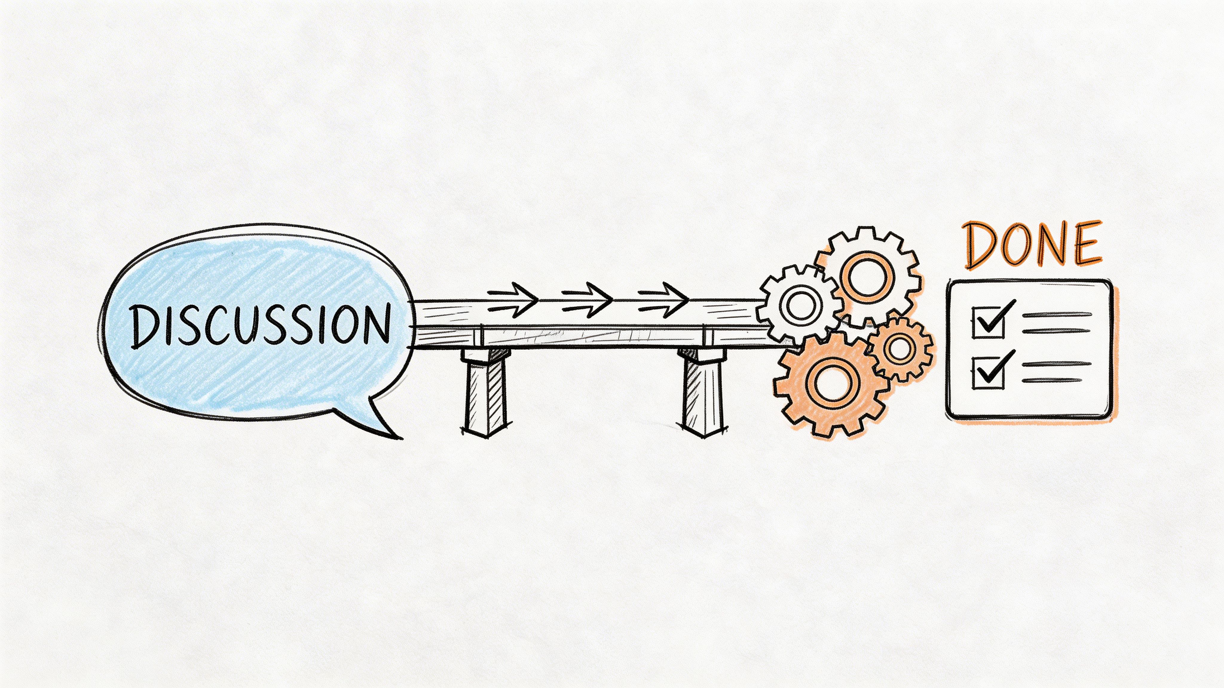 A hand-drawn illustration showing a discussion bubble leading through a bridge into gears and a checklist marked done.