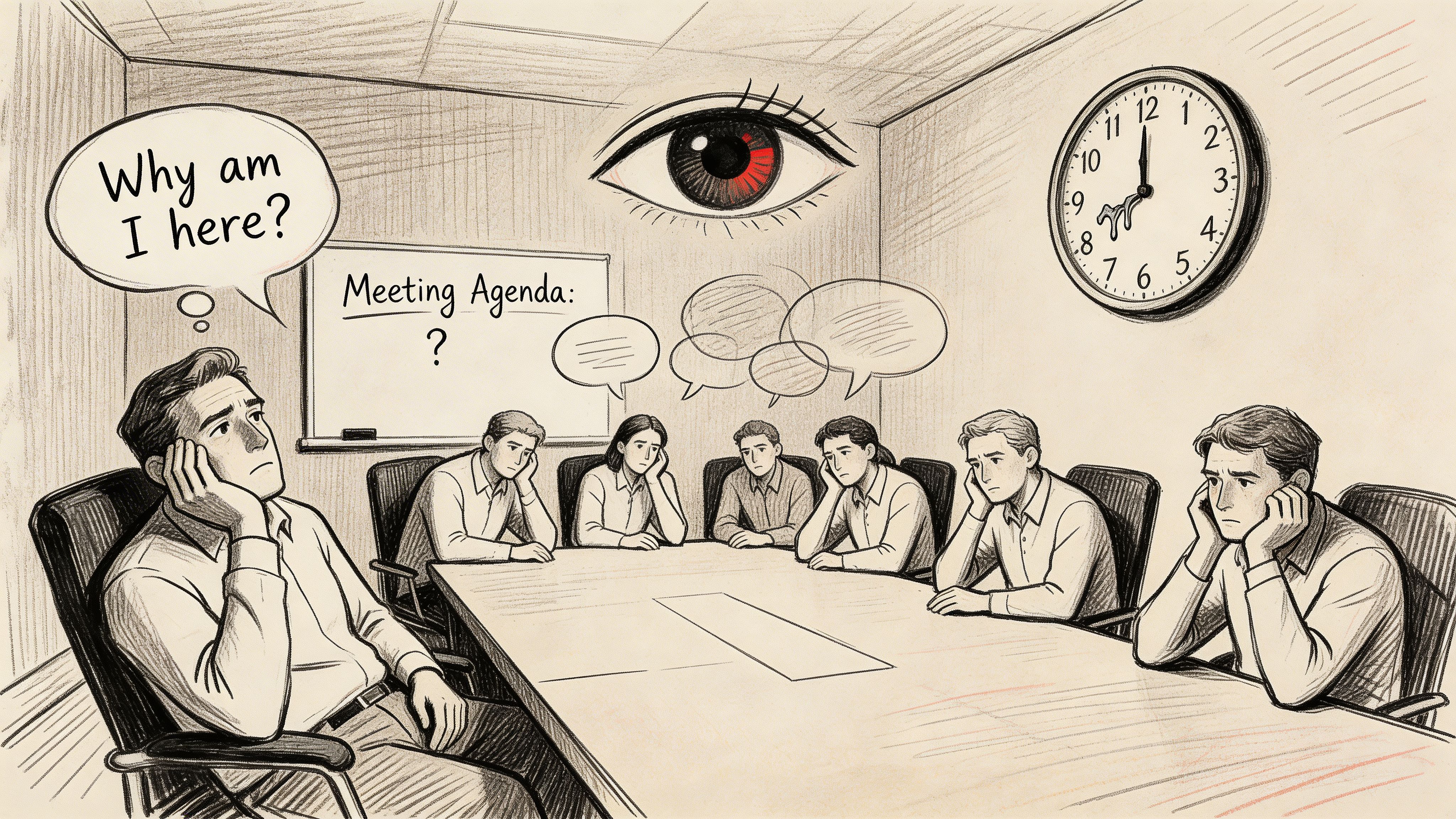 A sketched illustration of bored office workers sitting in a meeting with a large, watchful eye above.