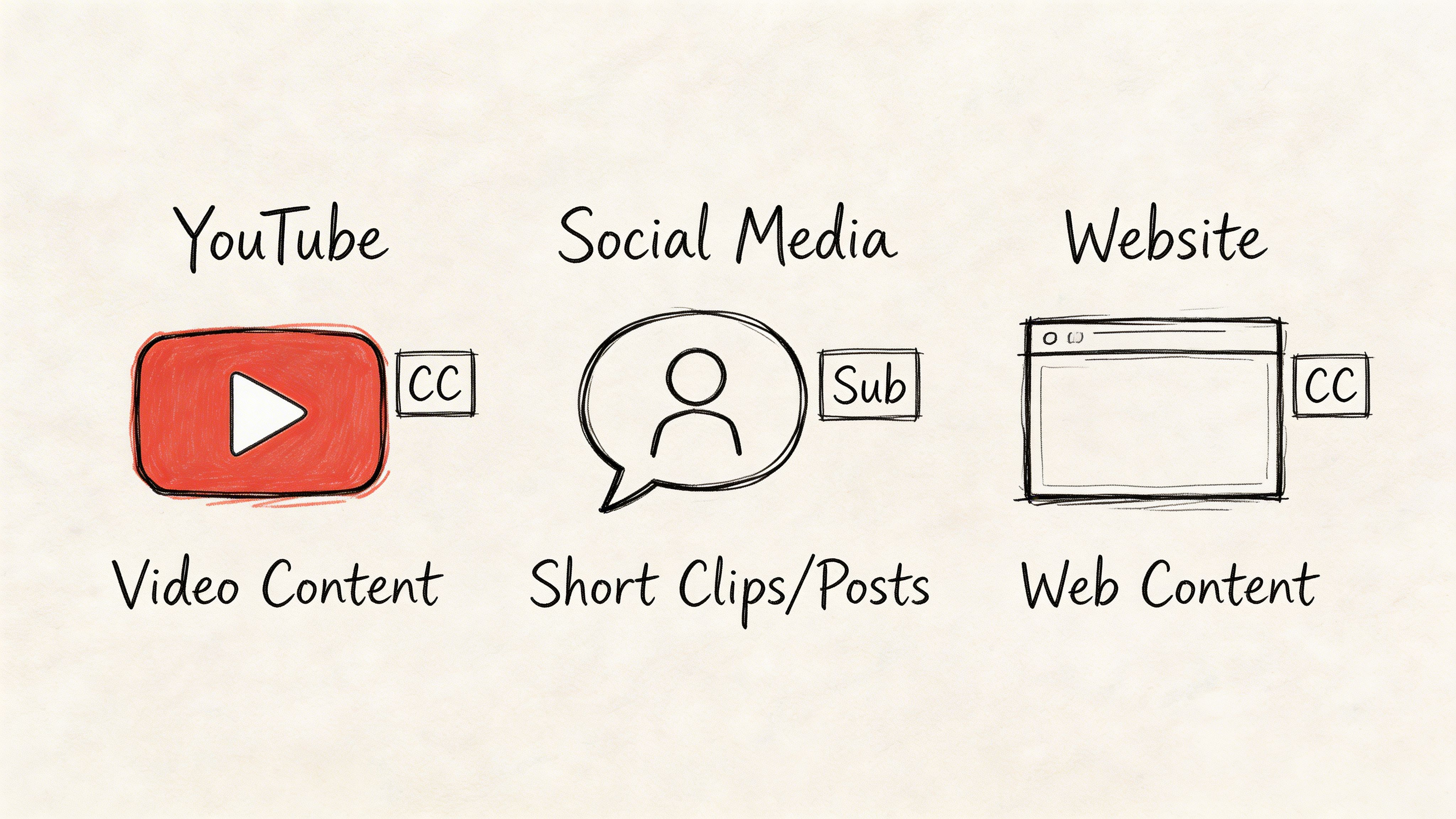 A diagram comparing closed captions for video and web content versus subtitles for social media clips.