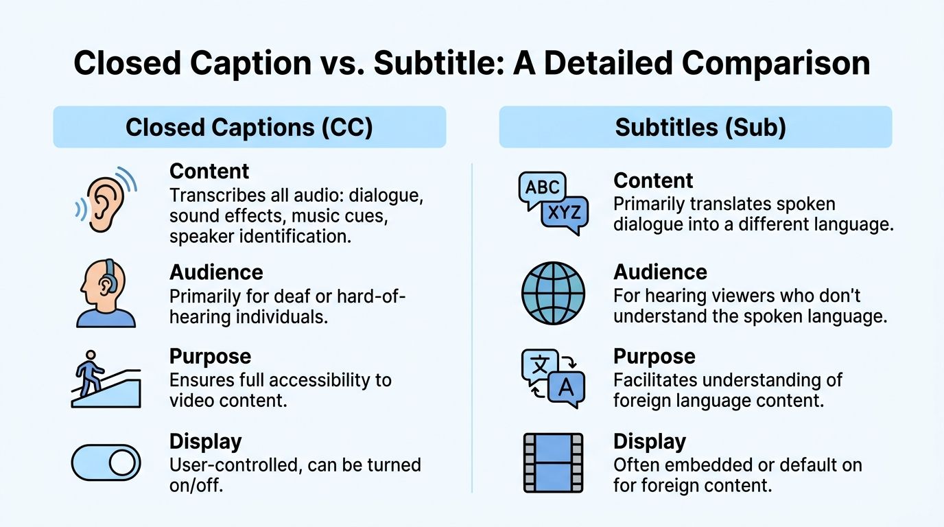 A comparison chart explaining the key differences between closed captions and subtitles for video content accessibility.