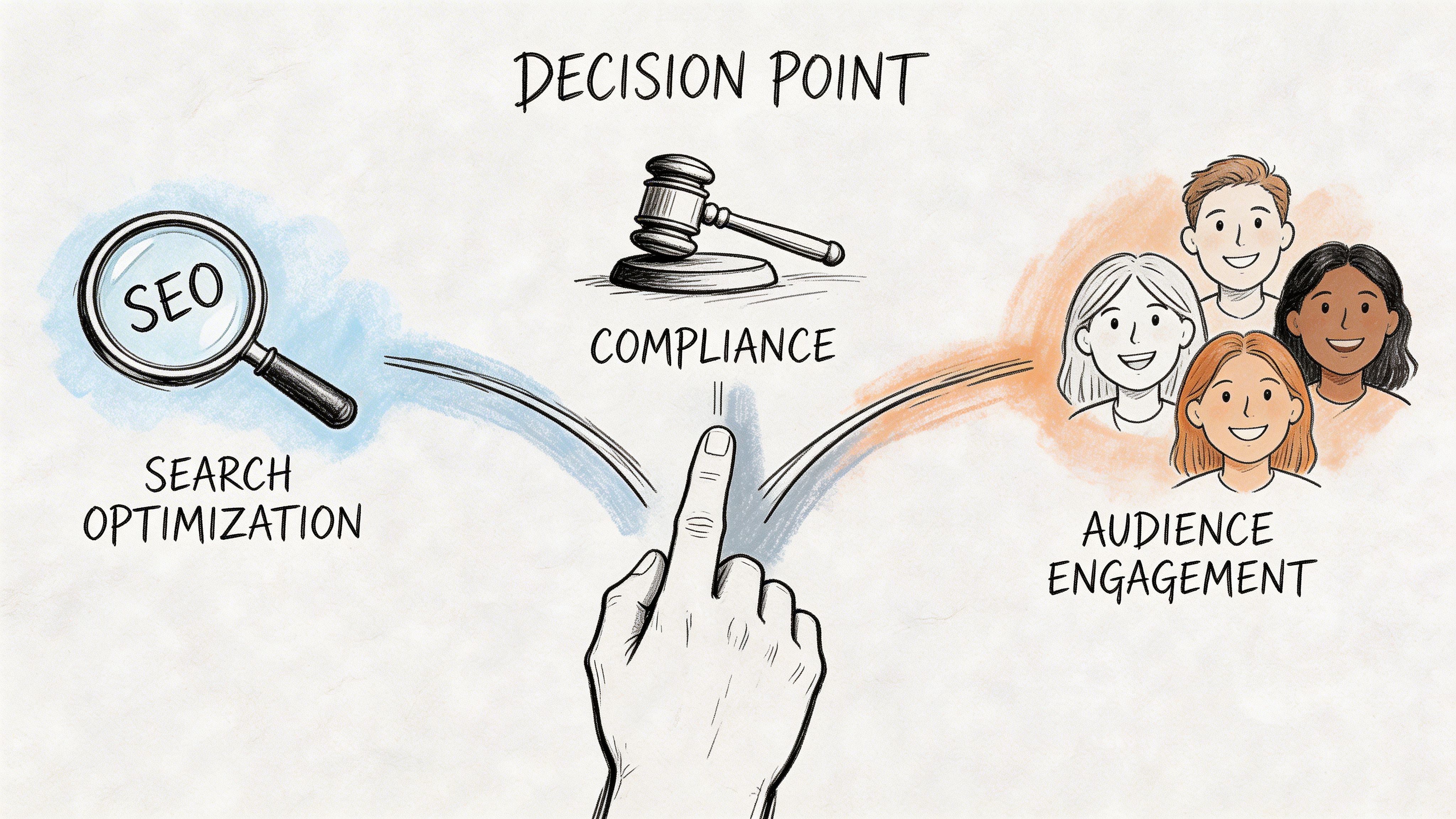 A hand pointing at a decision point diagram between SEO search optimization, compliance, and audience engagement.