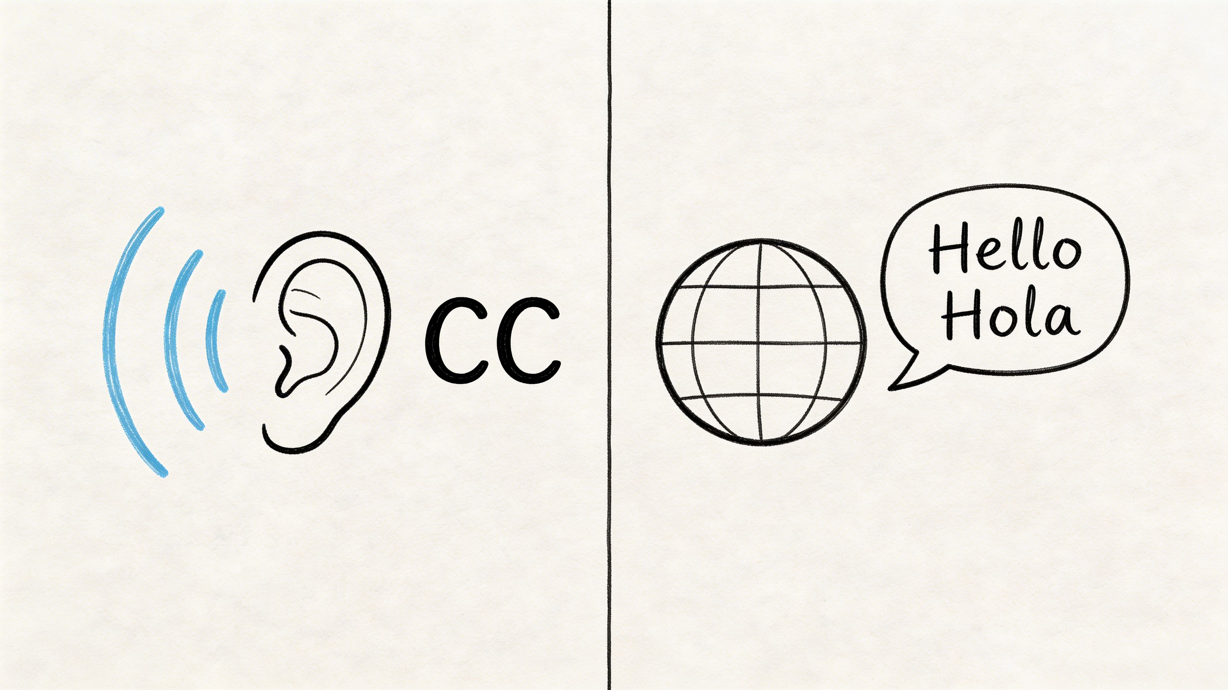 A conceptual illustration comparing closed captions for accessibility with subtitles for language translation on a white background.