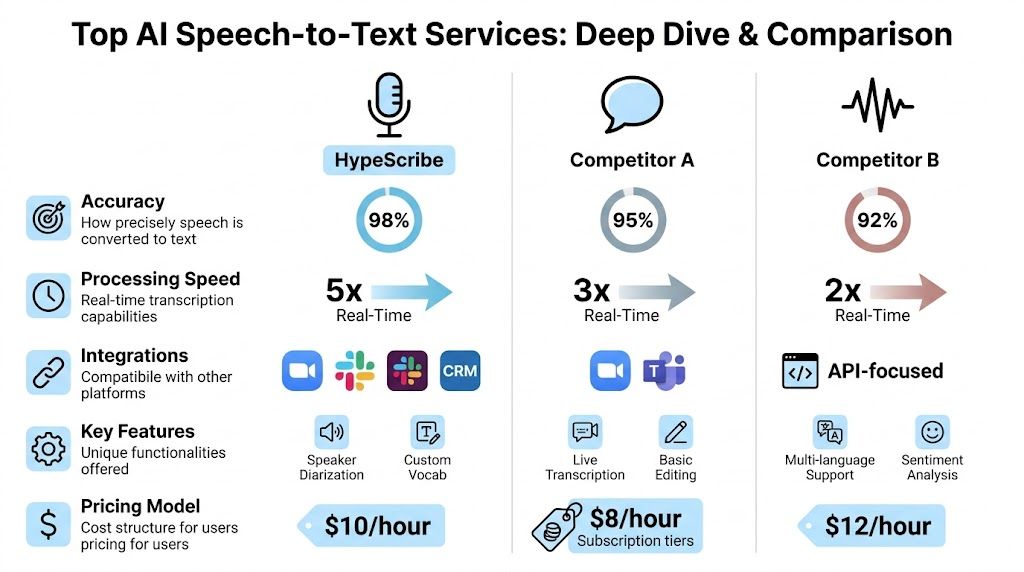 A comparison chart showing features, pricing, and performance of HypeScribe, Competitor A, and Competitor B speech-to-text services.