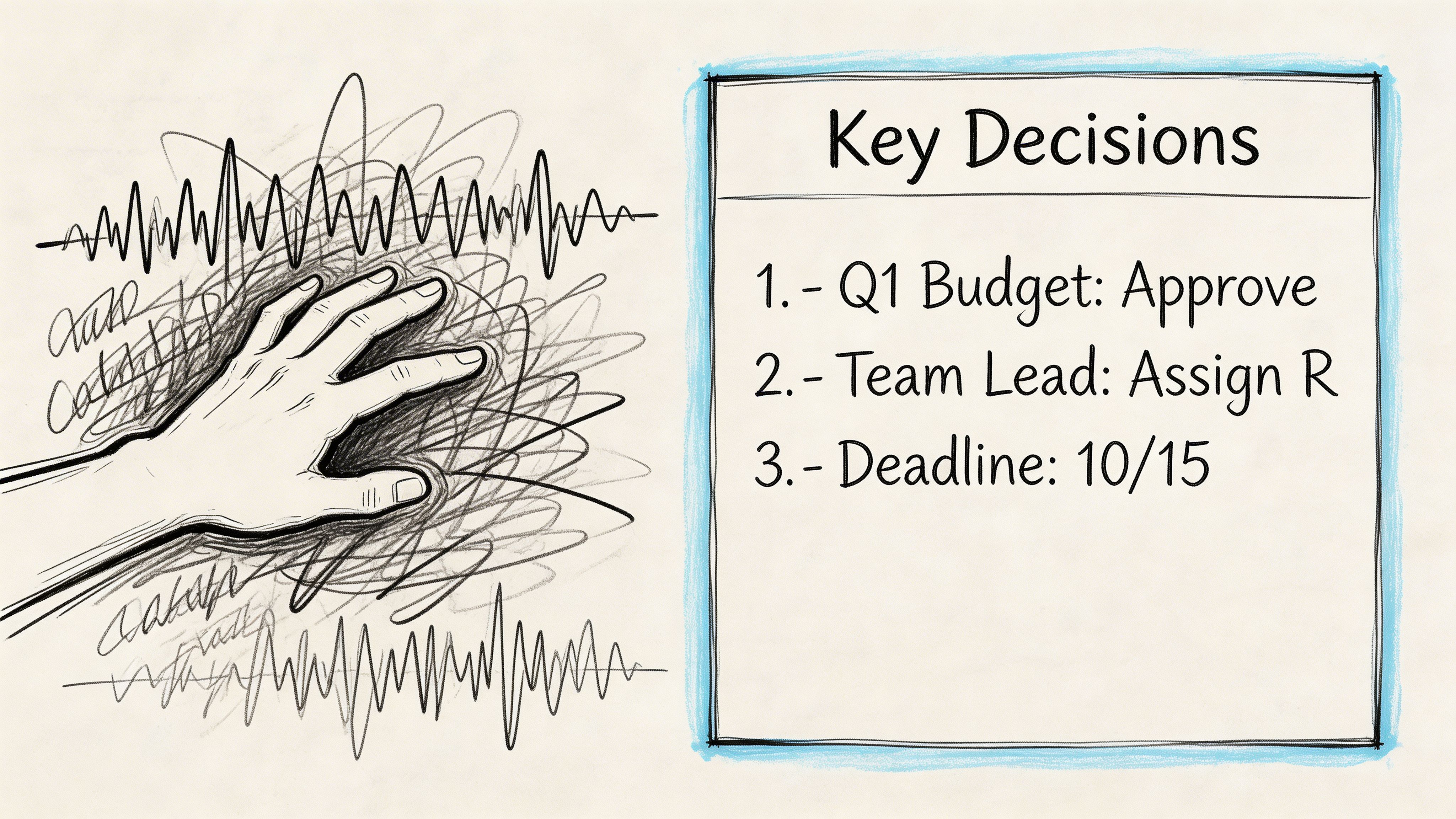 A hand rests on a chaotic scribbled background next to a list of key project decisions.