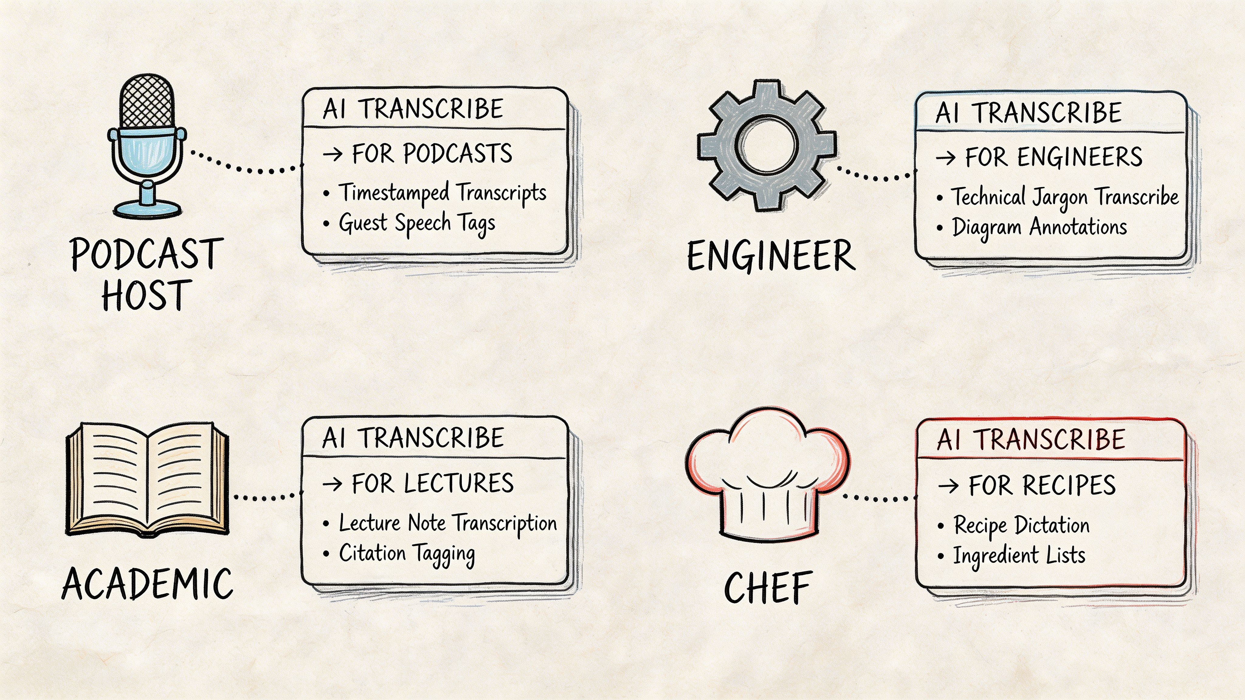 A diagram illustrating AI speech-to-text applications tailored for podcasters, engineers, academics, and professional chefs.