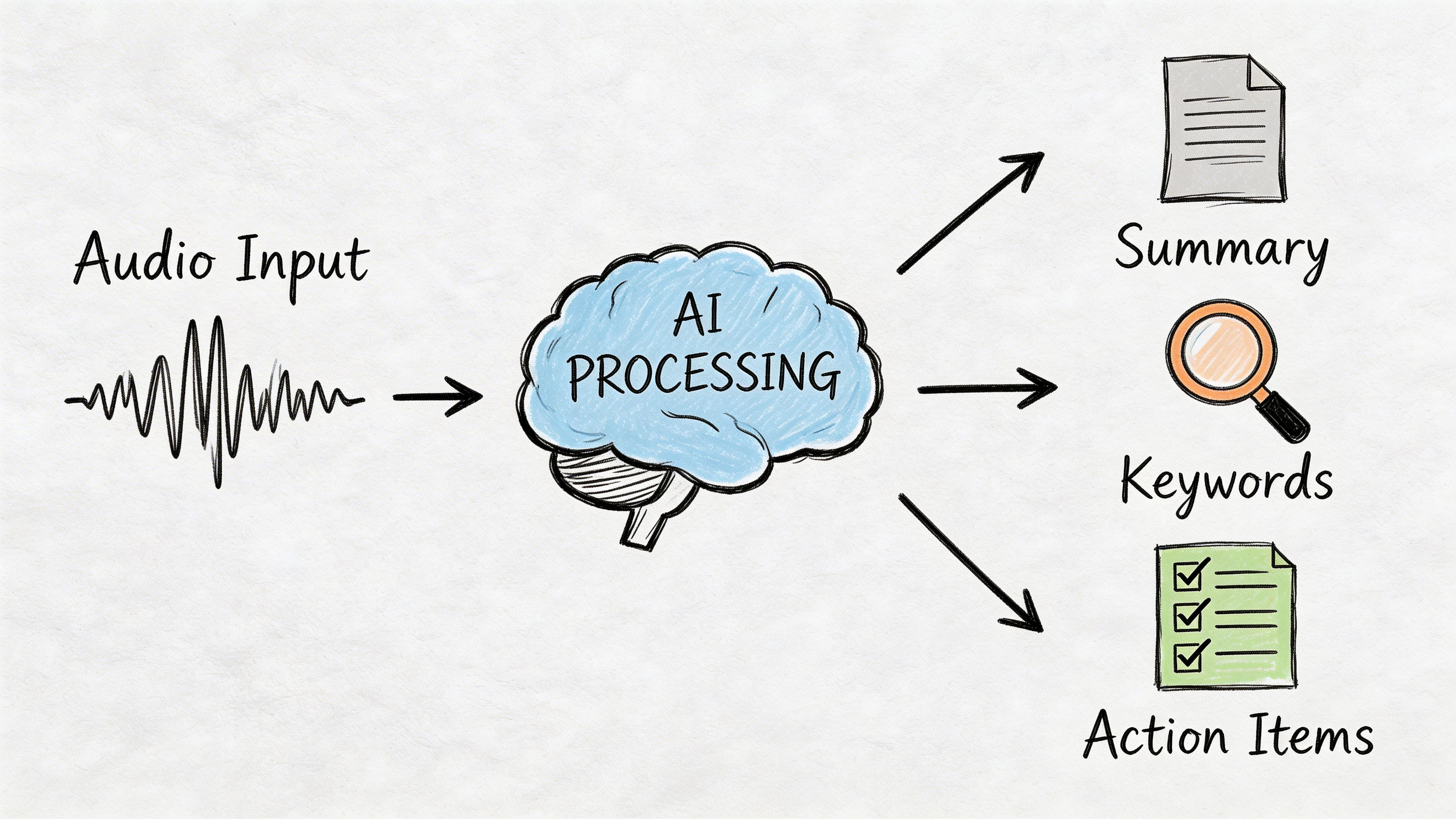 A hand-drawn illustration depicting audio input being processed by an AI brain into summaries, keywords, and action items.