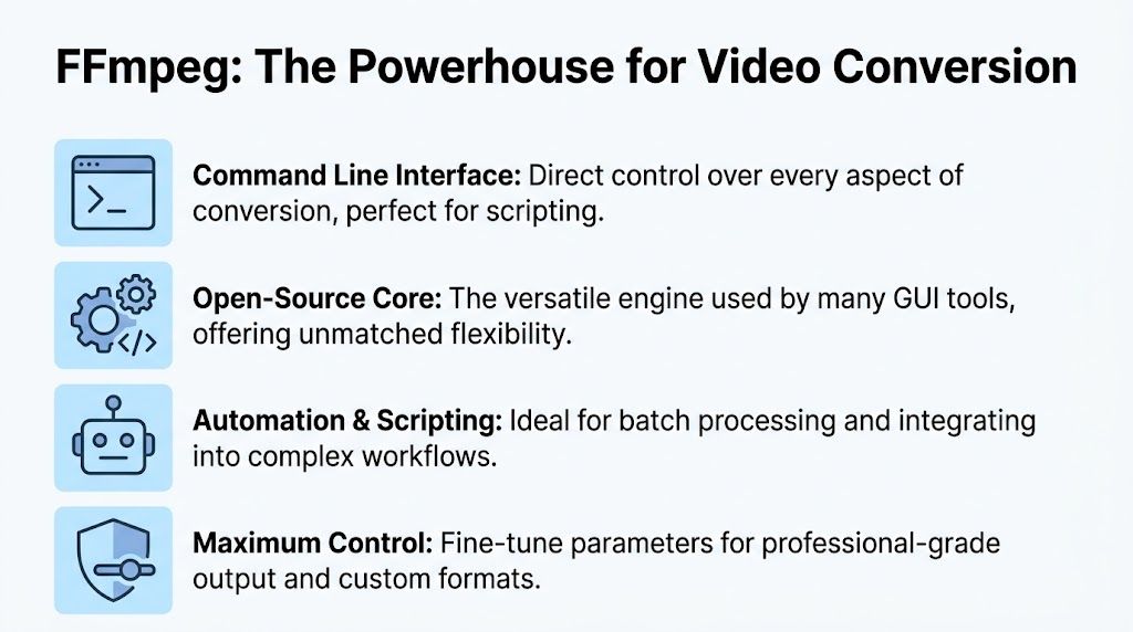An infographic highlighting the benefits of FFmpeg software for efficient and professional video conversion and processing.