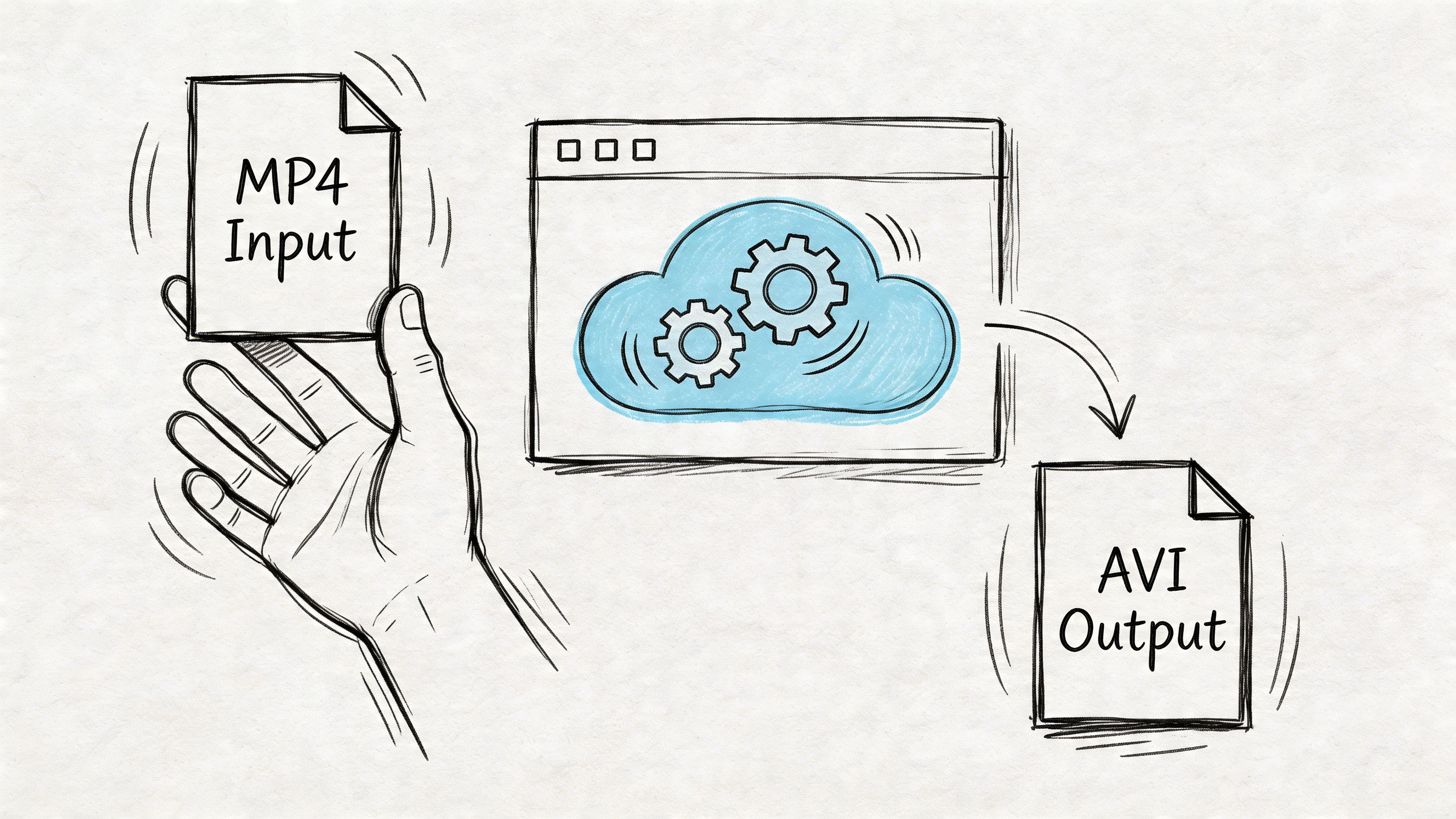 A hand holding an MP4 file, which is processed by cloud software to produce an AVI output.