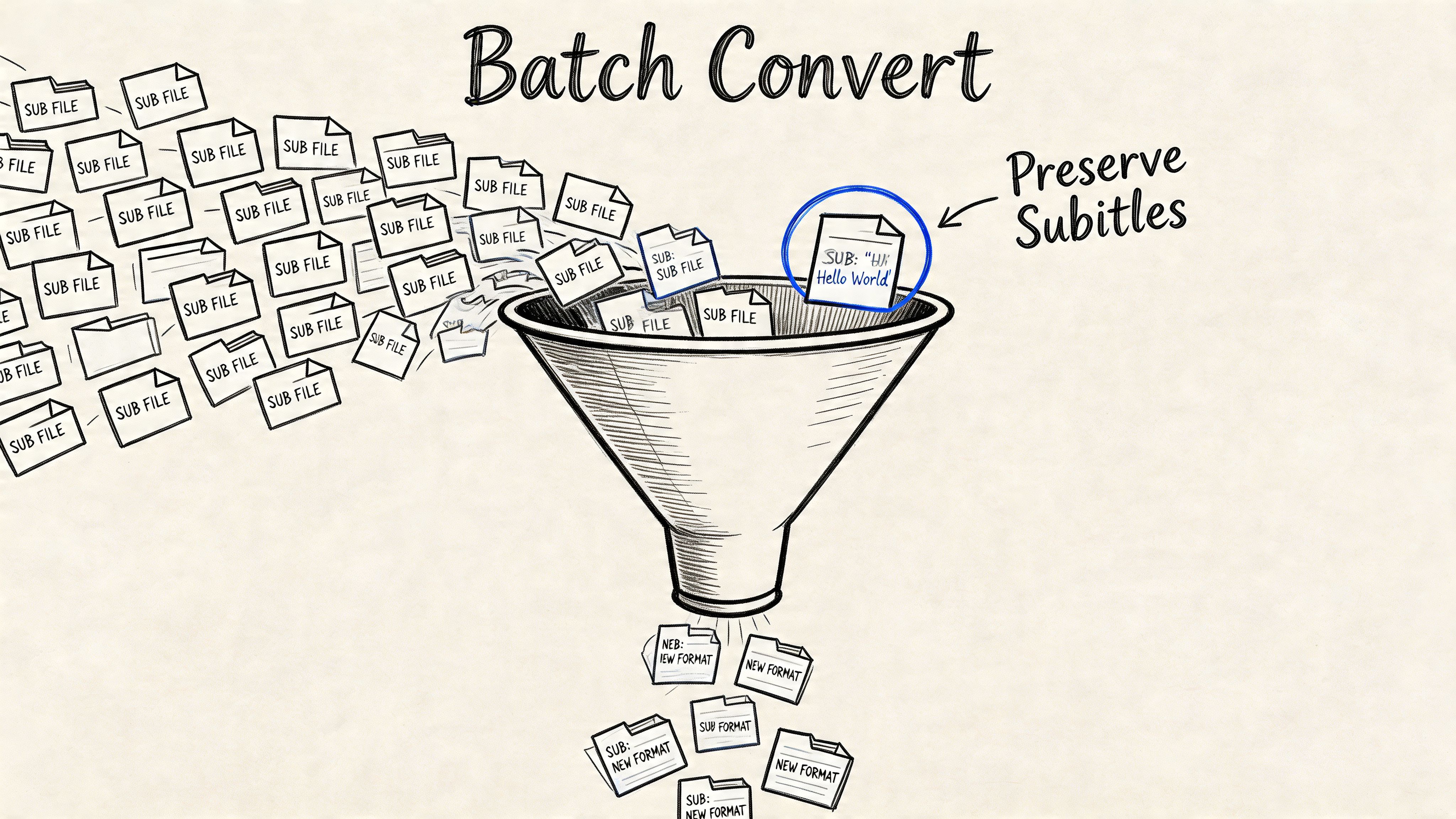 A conceptual illustration showing multiple subtitle files being batch converted through a funnel while preserving subtitles.