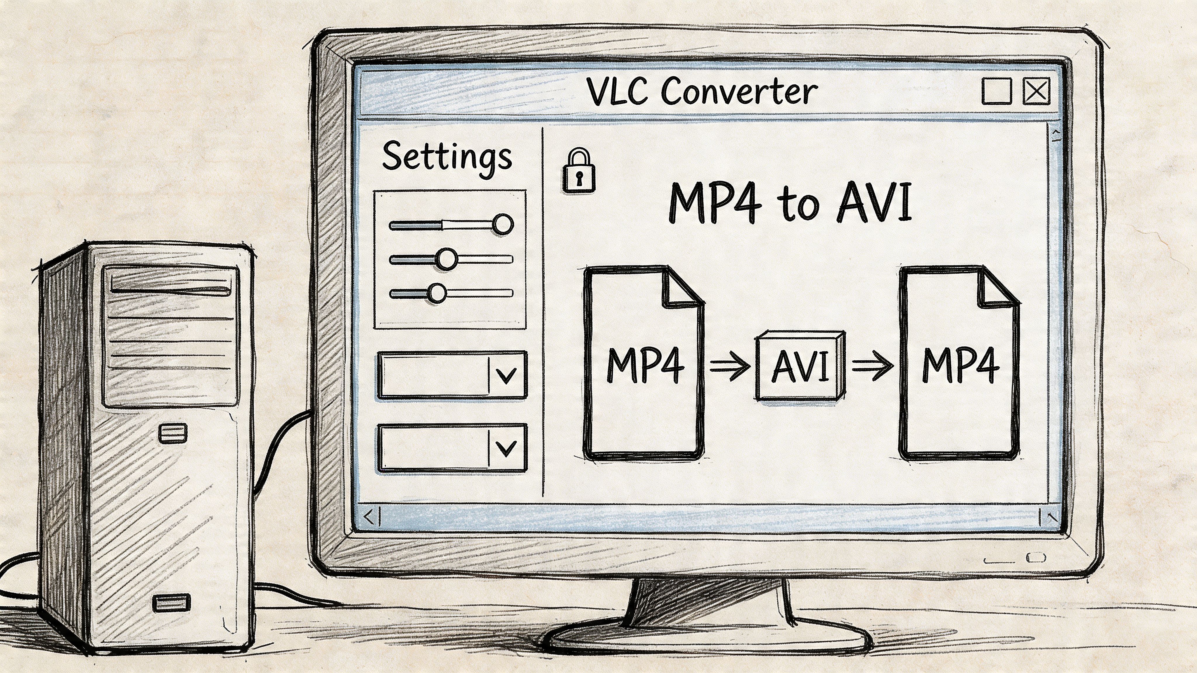 A hand-drawn sketch of a computer monitor displaying a VLC Converter software interface for converting video files.