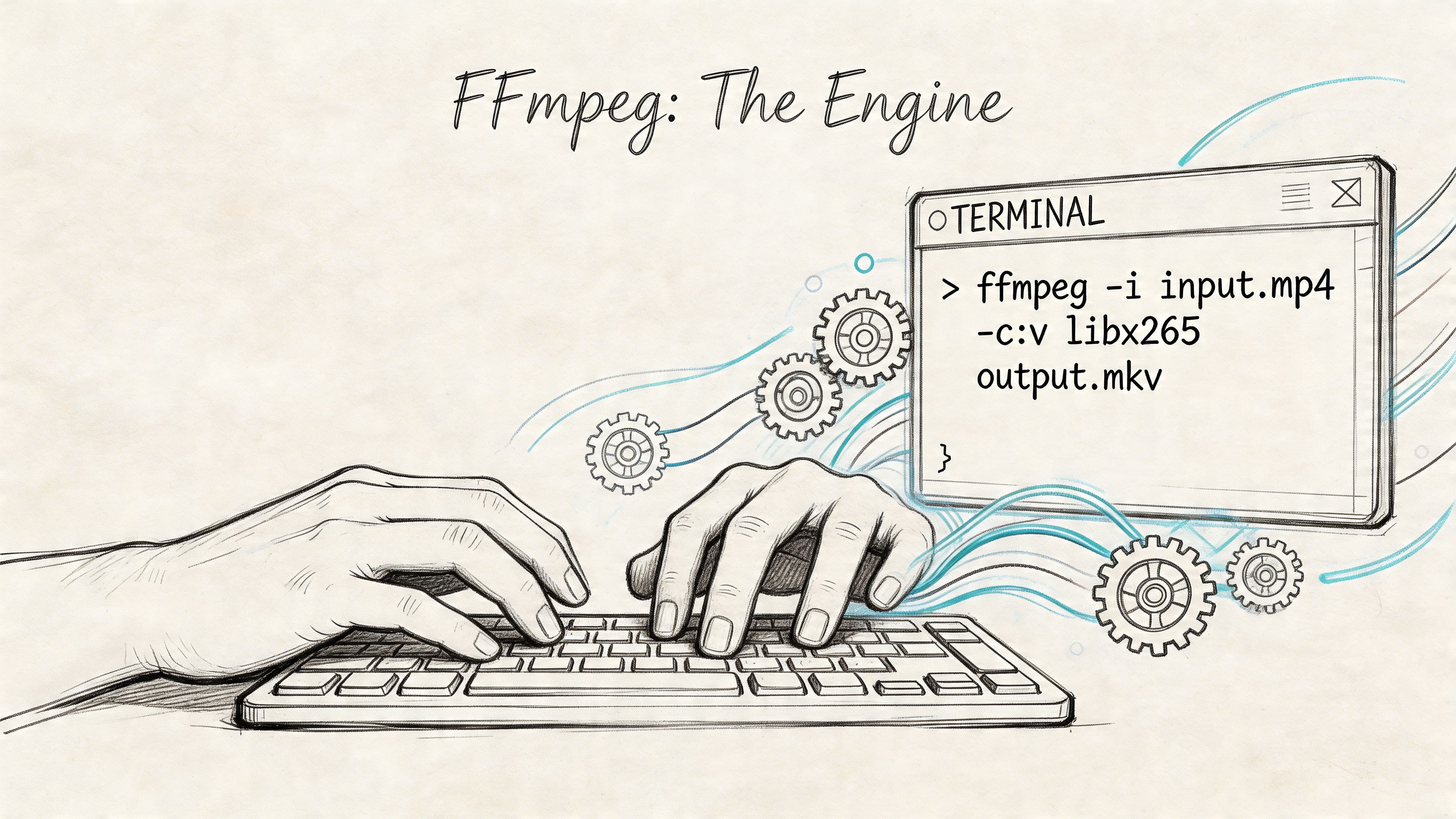 A line-drawn illustration showing hands typing FFmpeg commands into a terminal window with gears floating around.