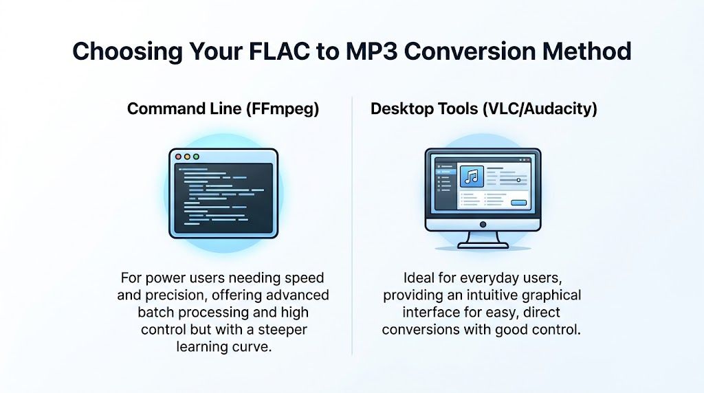 A comparison guide showing two methods for converting FLAC to MP3: Command Line tools versus Desktop software.