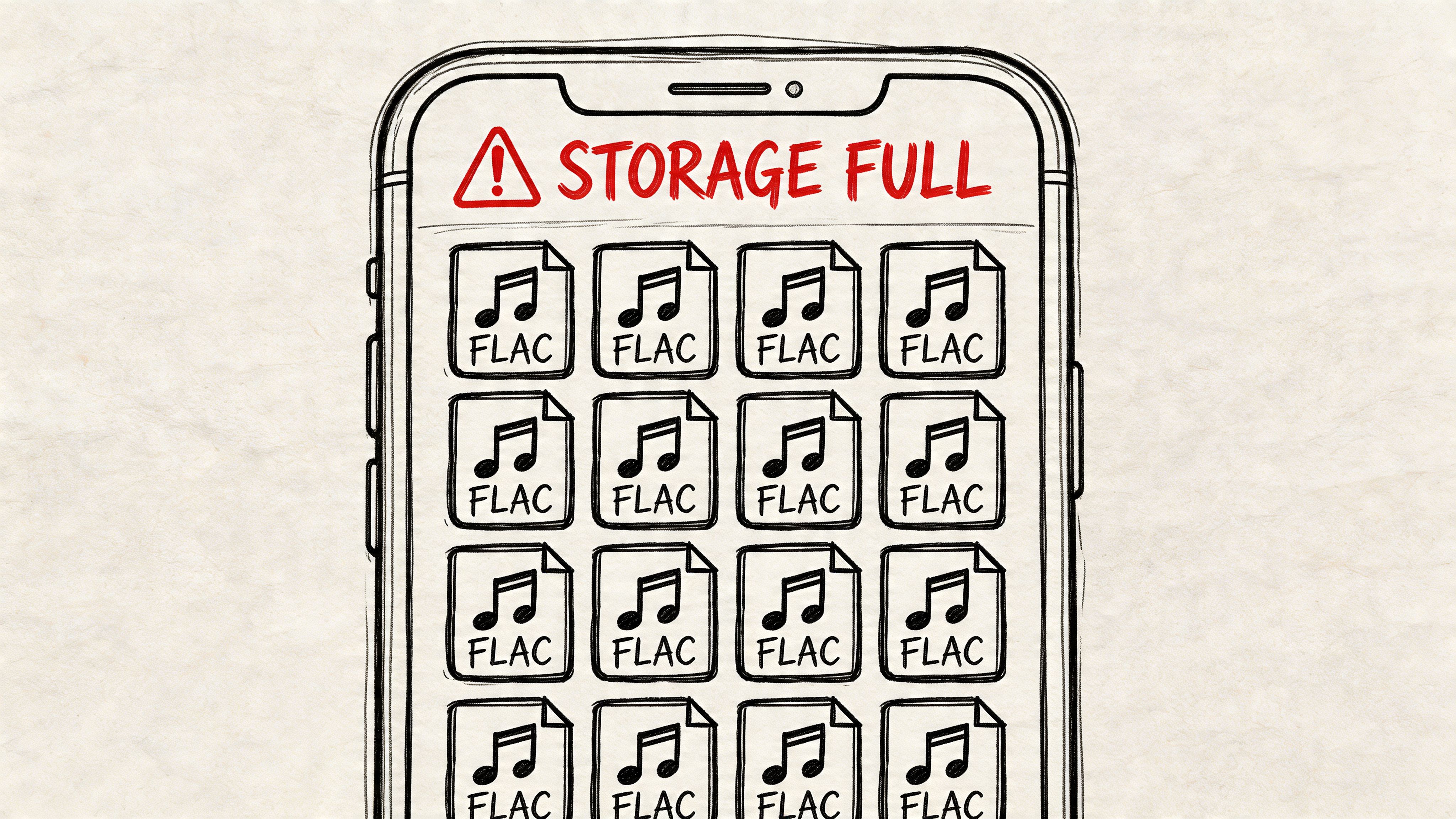 A hand-drawn illustration of a smartphone screen displaying a full storage warning with many FLAC music files.