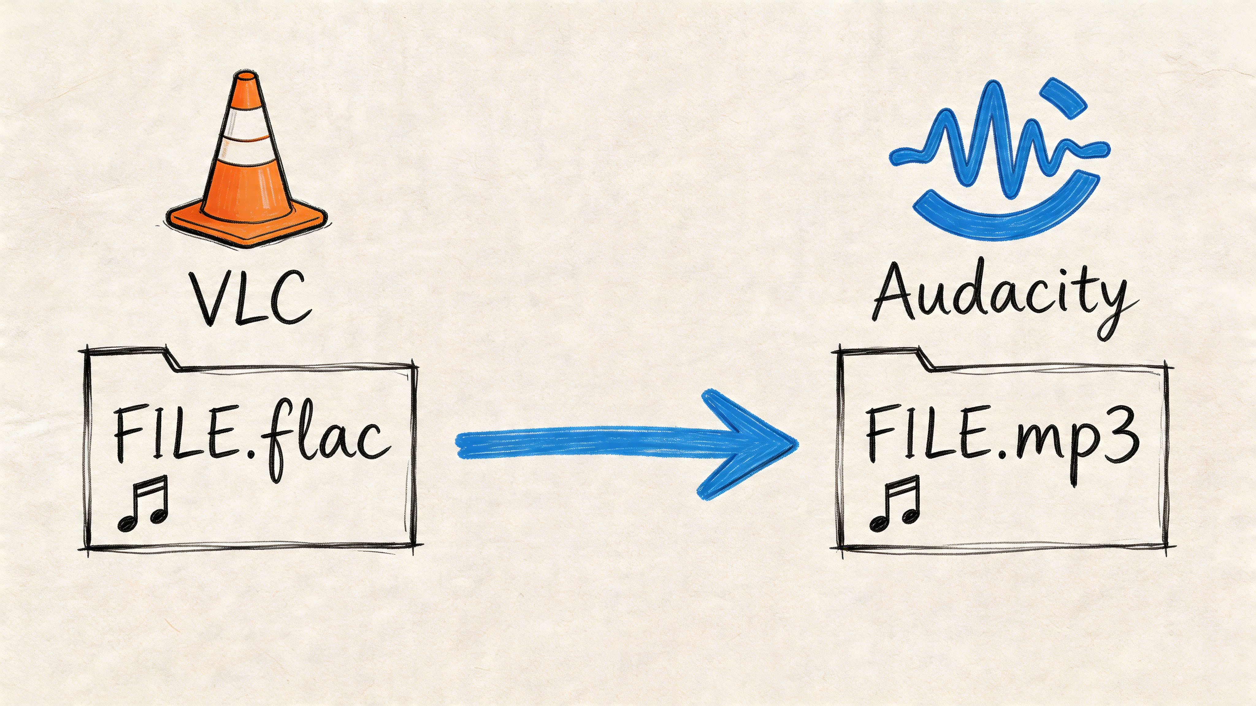 A diagram illustrating the process of converting a FLAC audio file using VLC into an MP3 file using Audacity.
