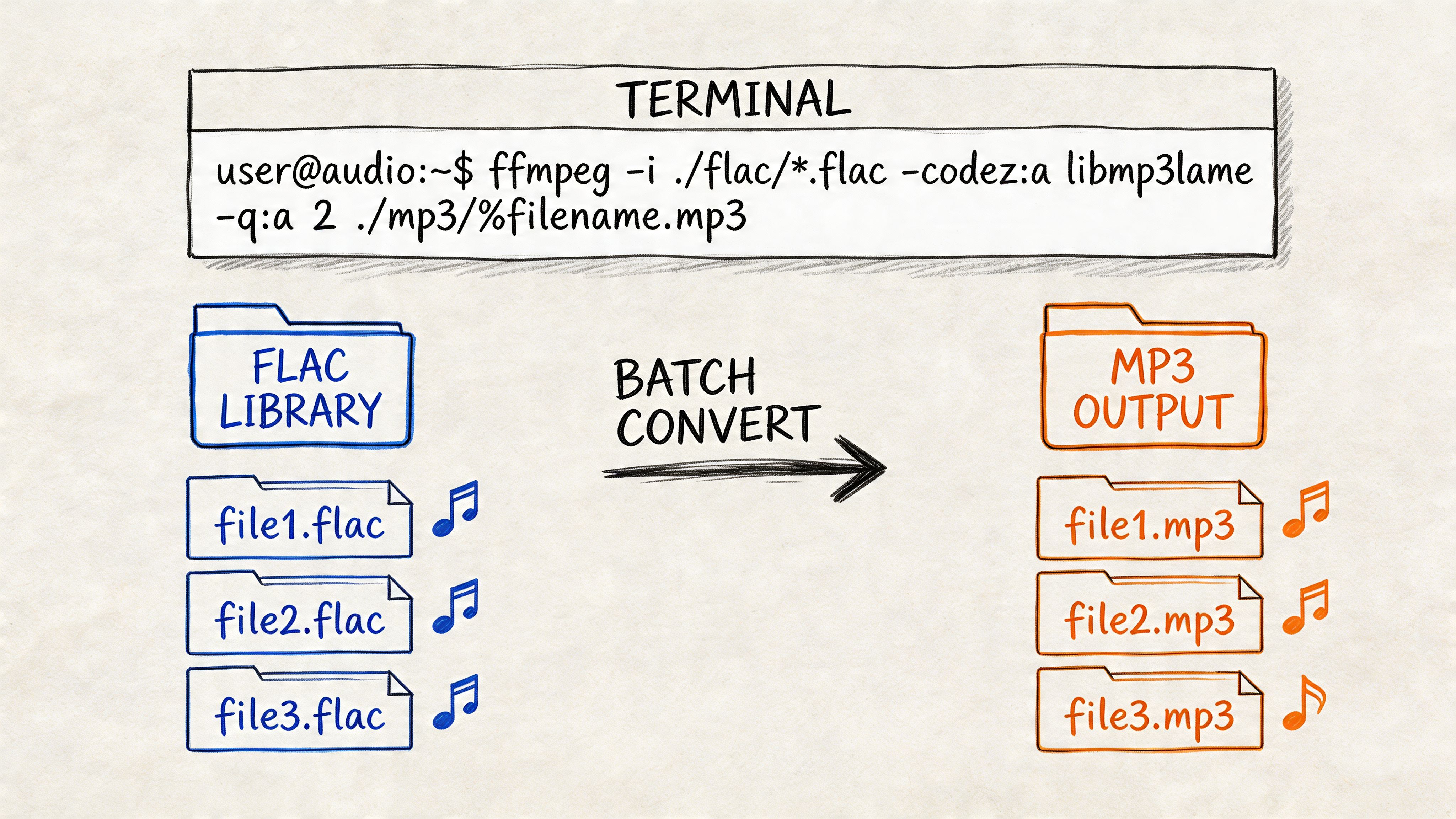 A diagram illustrating the batch conversion process of FLAC audio files to MP3 using an FFmpeg terminal command.