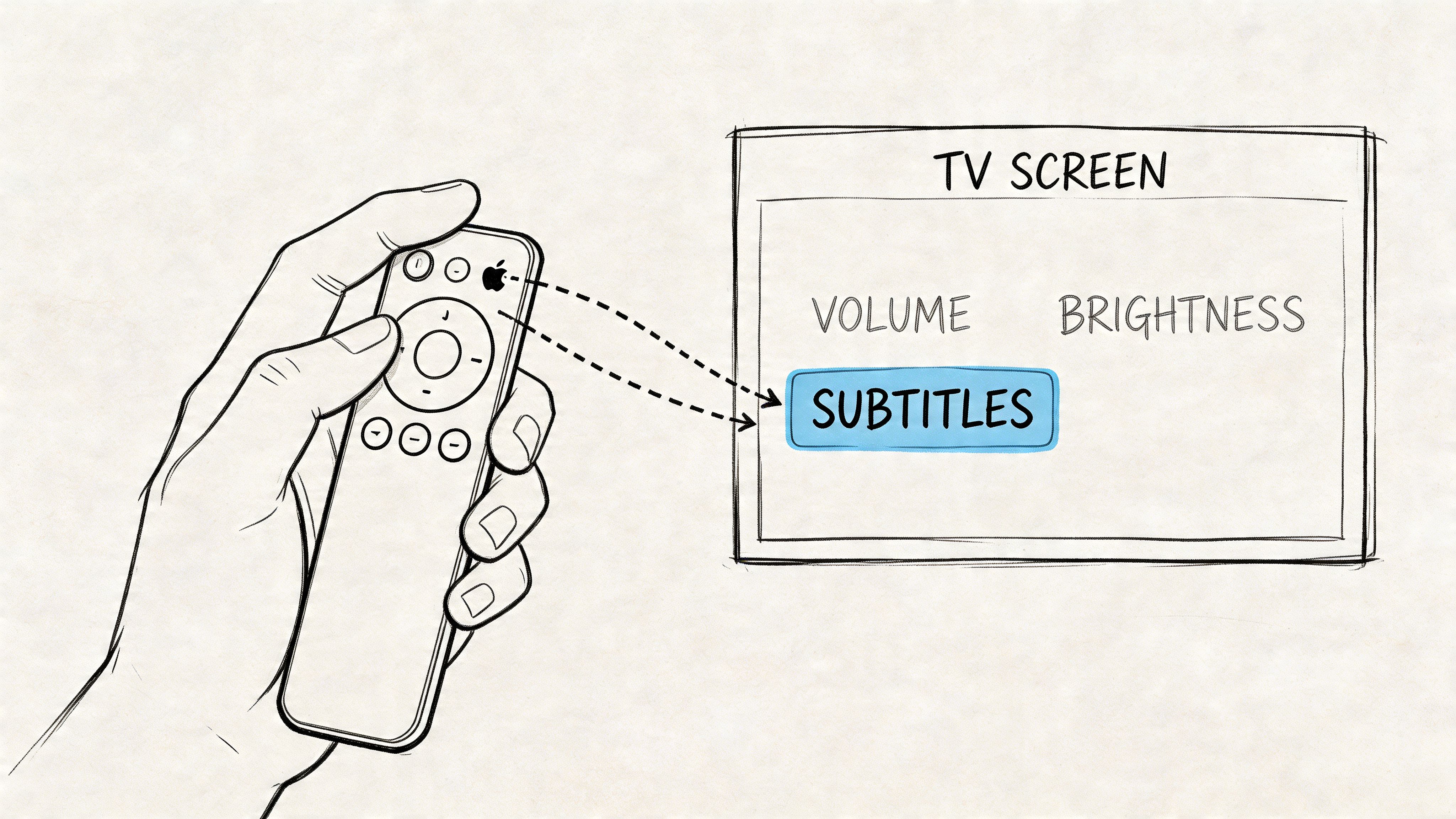 A hand holds an Apple TV remote pointing towards the subtitles option on a TV screen.