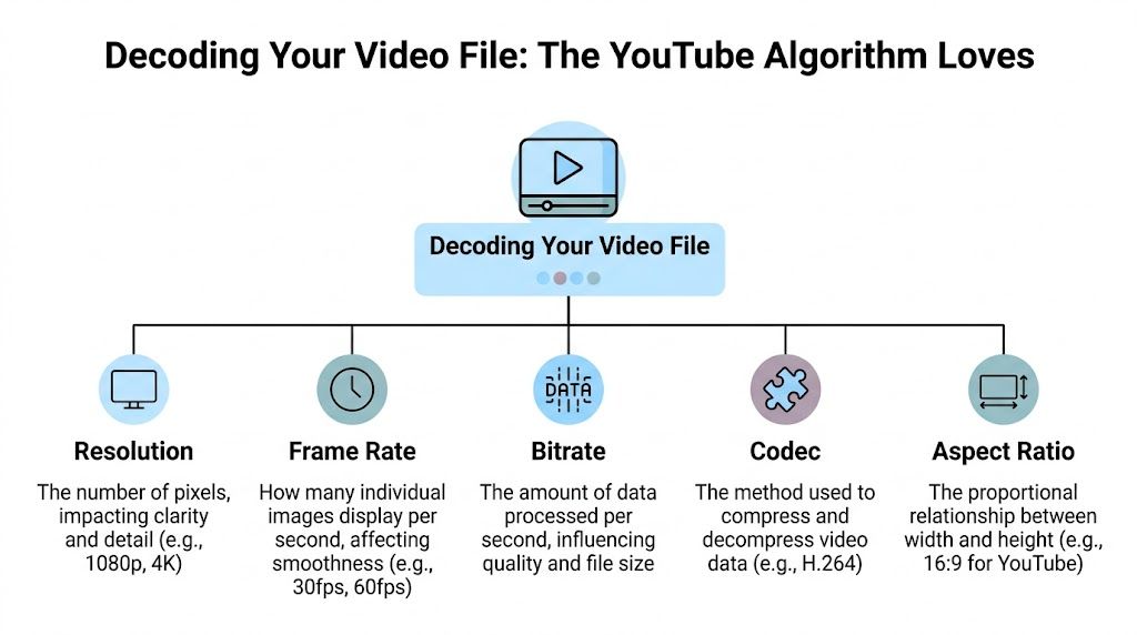 A diagram illustrating the five core components of video file quality for YouTube optimization: resolution, frame rate, bitrate, codec, and aspect ratio.