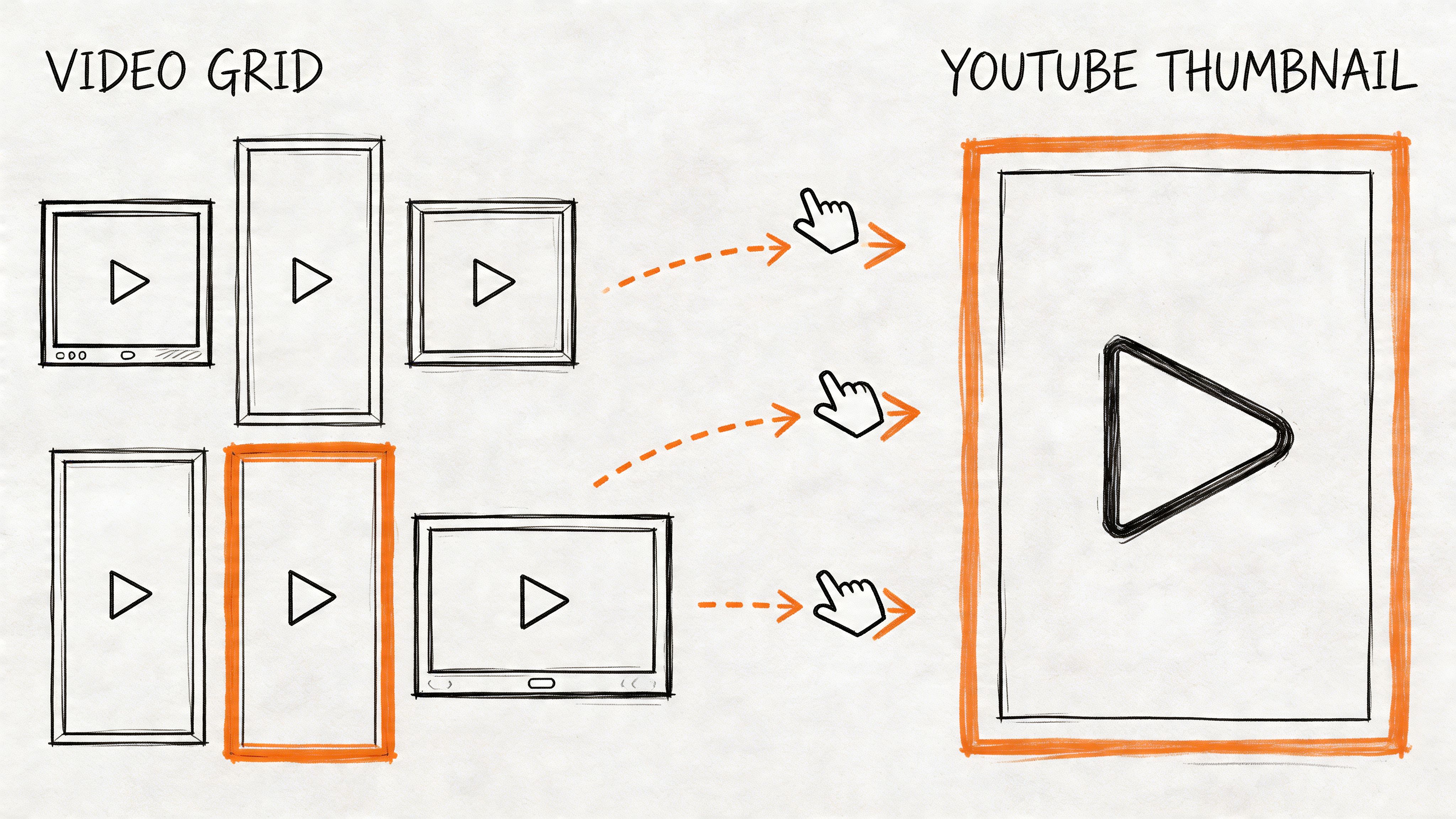 A hand-drawn illustration depicting a video grid of clips being selected for a YouTube thumbnail format.