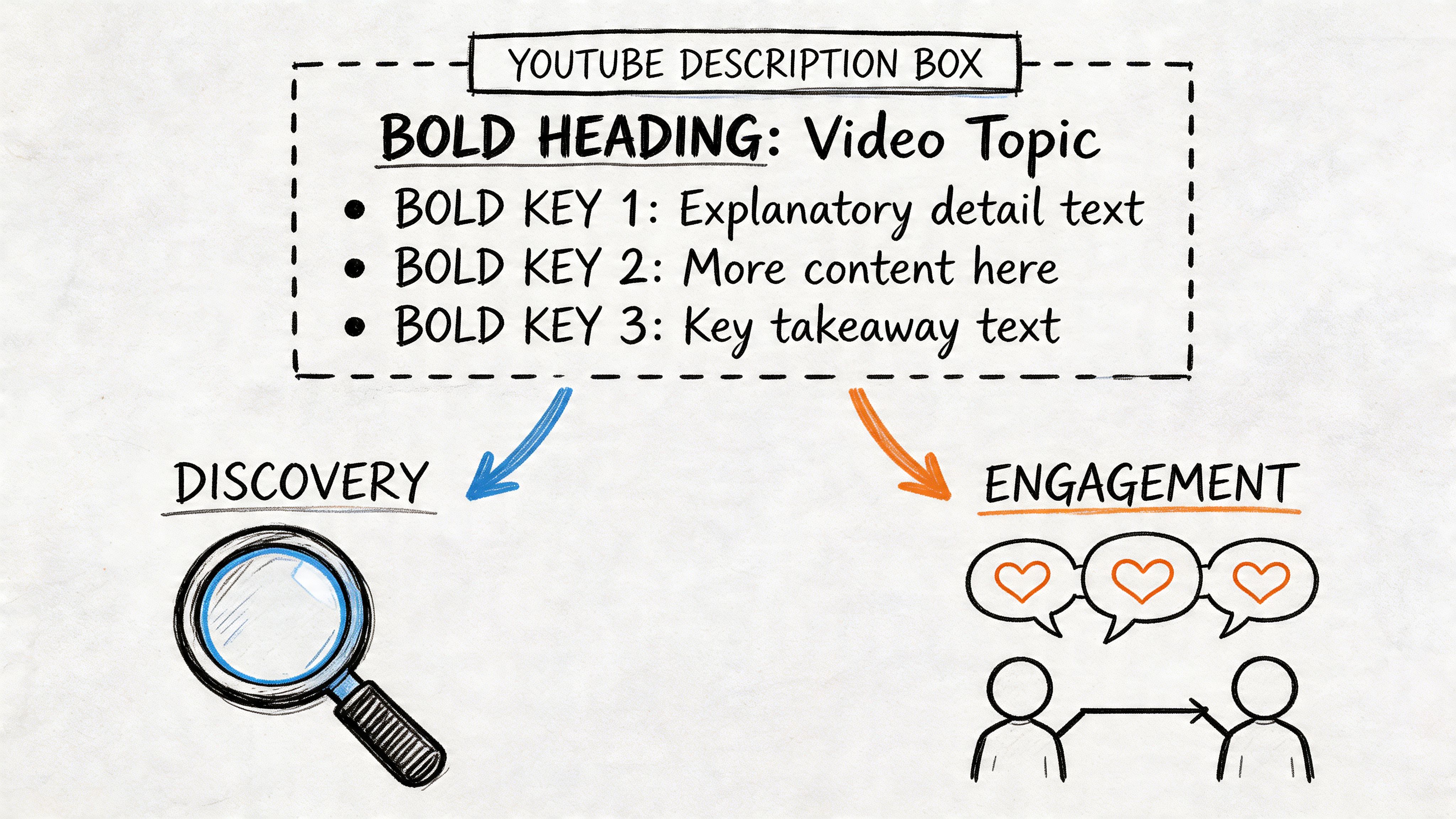 A diagram illustrating a YouTube description box template used to improve video discovery and viewer engagement.