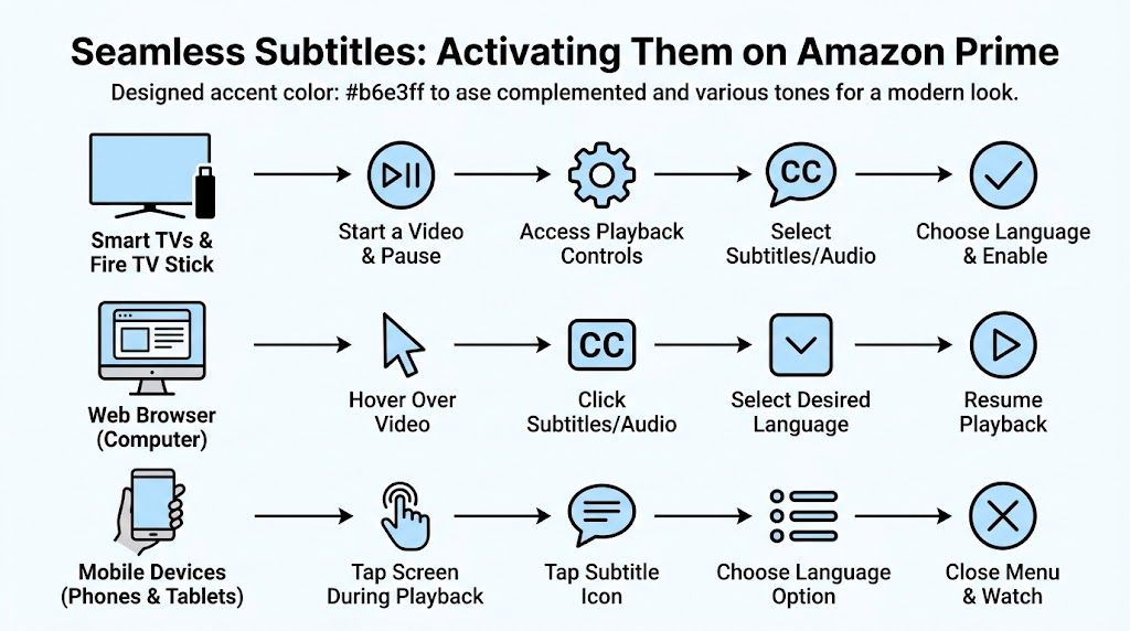 A guide infographic explaining how to activate subtitles on Amazon Prime across various devices and platforms.