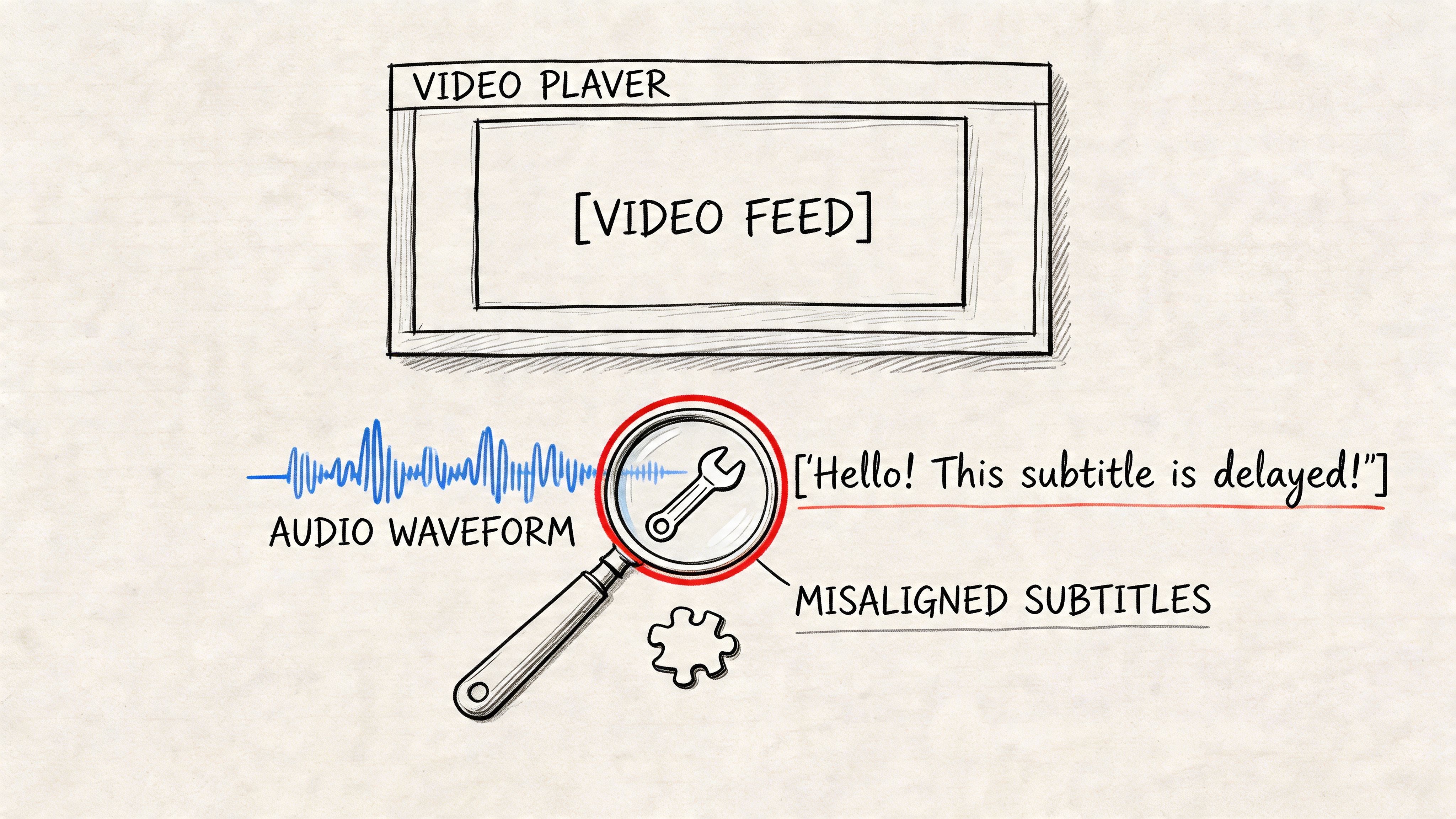 A conceptual illustration of a video player with a magnifying glass showing misaligned audio and subtitle data.