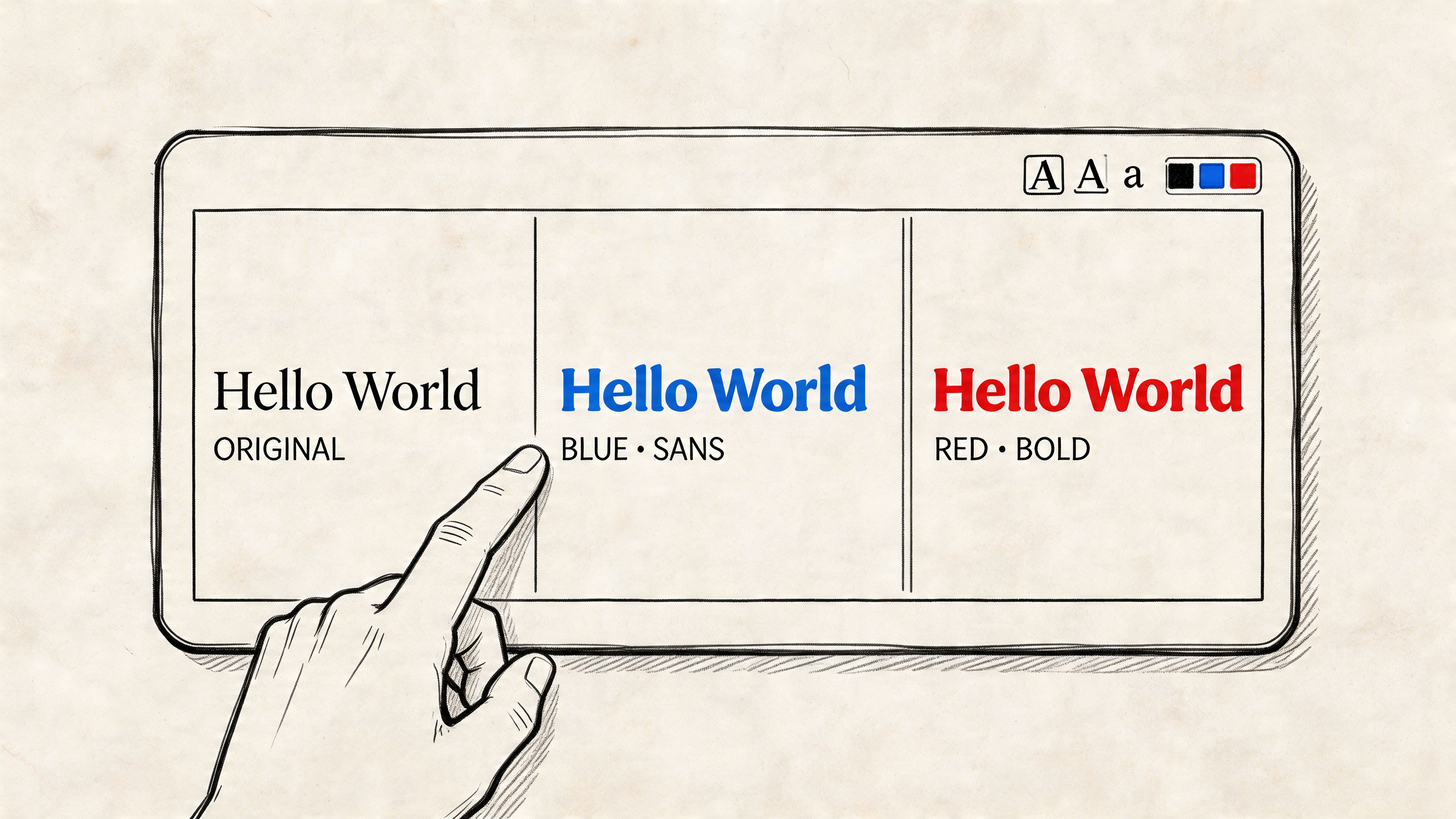 A hand selecting a blue sans-serif text option on a digital interface showing font customization styles.