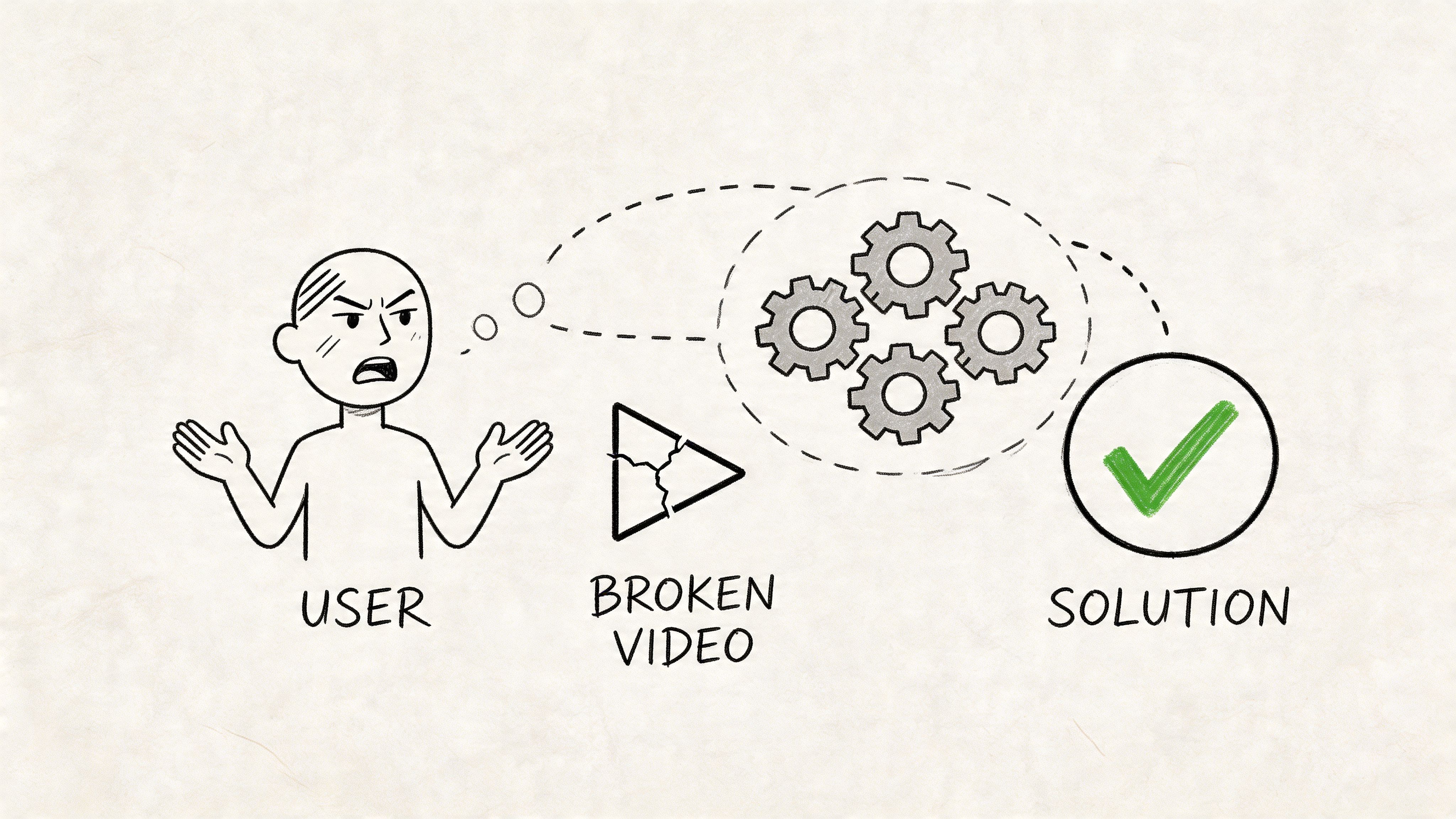 A conceptual illustration showing a frustrated user, a broken video icon, gears representing a process, and a solution checkmark.