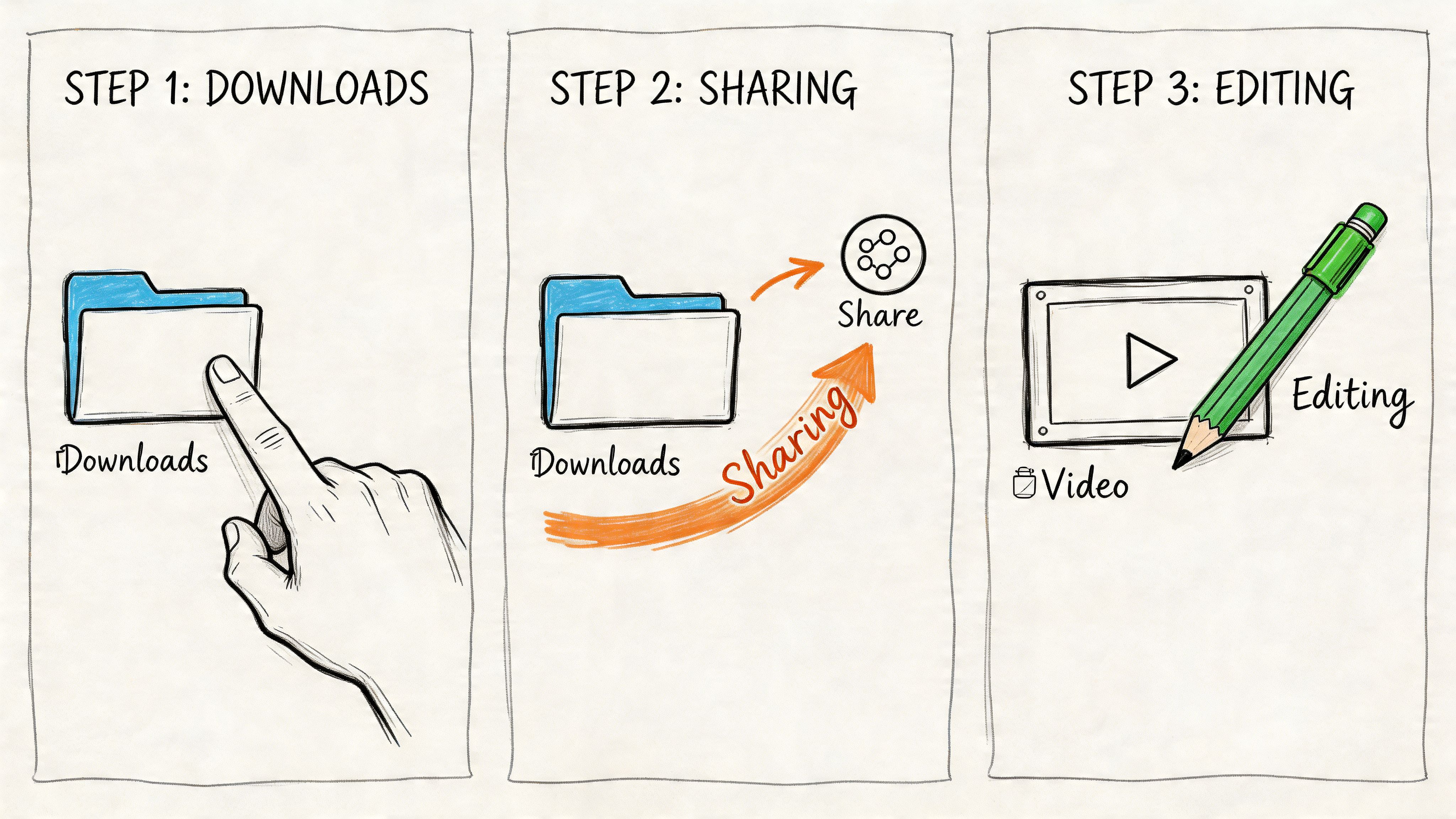 A three-step instructional graphic showing how to download, share, and edit Microsoft Teams video recordings.