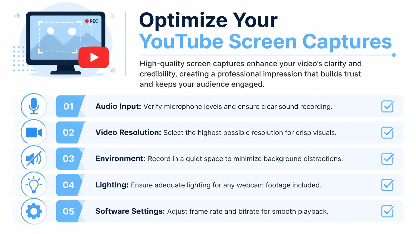 A professional infographic outlining five essential steps to optimize and improve the quality of YouTube screen captures.